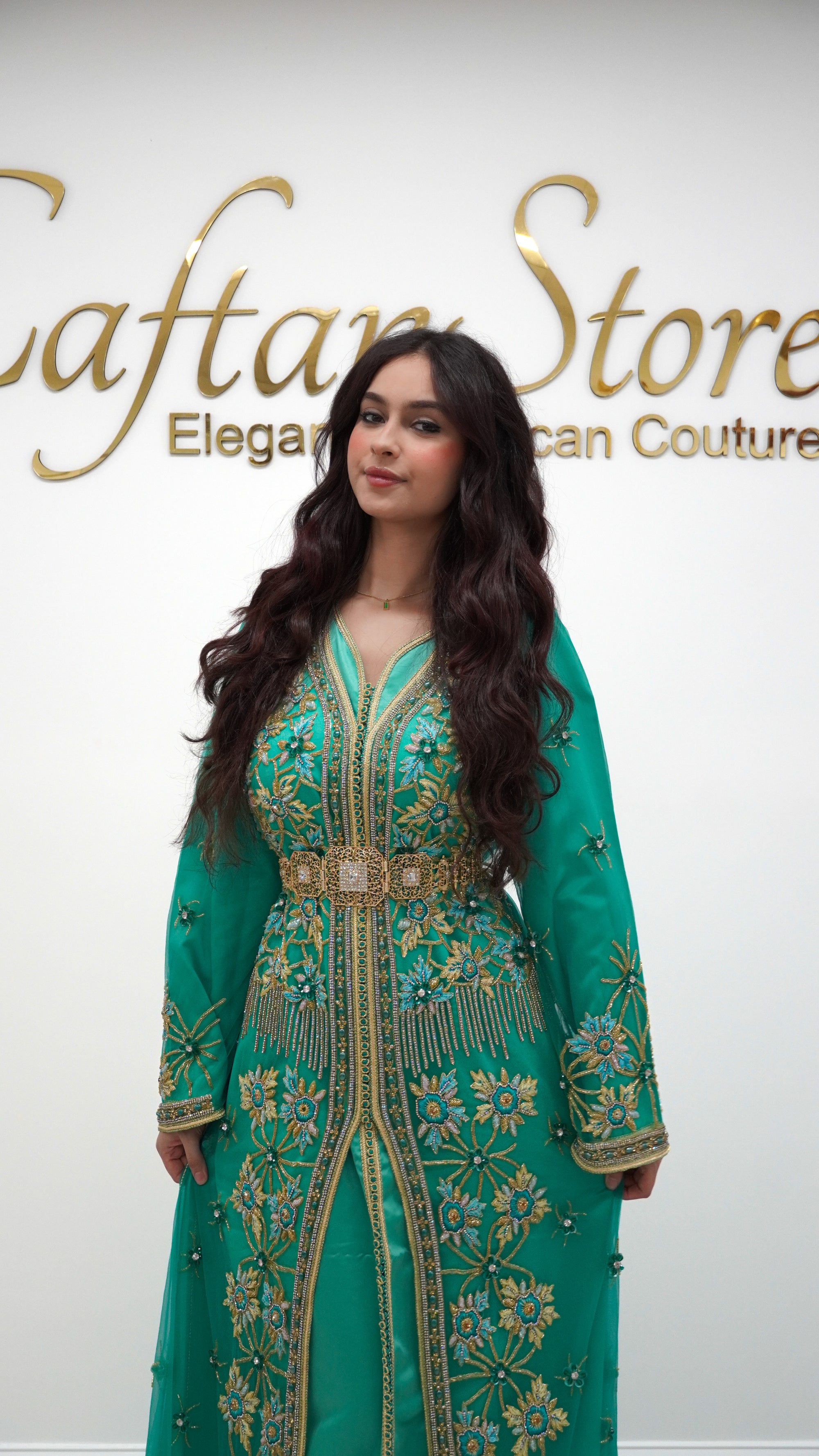Emerald Green Moroccan Caftan – 2-Piece Embroidered Tulle Takchita