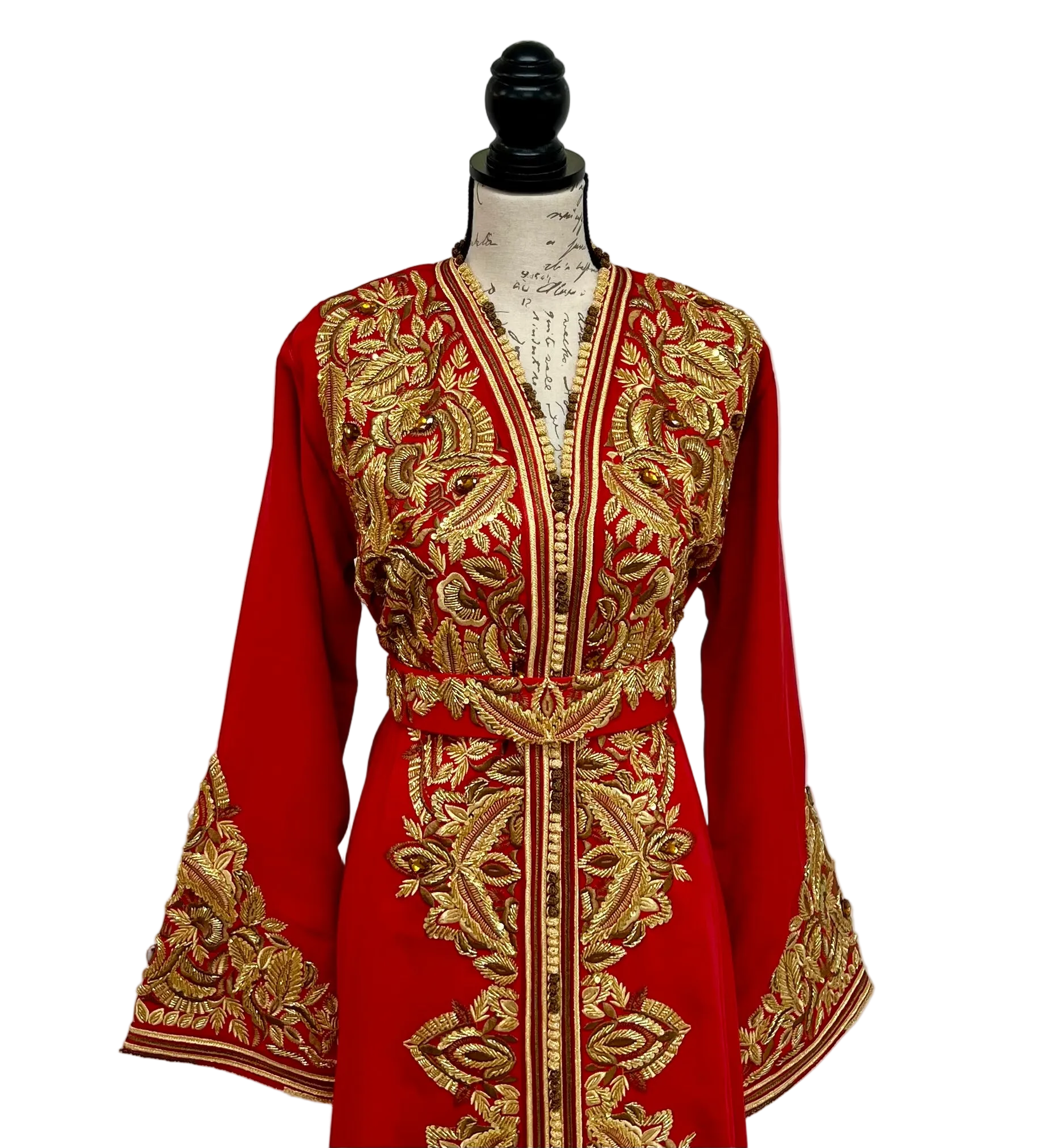 Moroccan Wedding Dress Red Bridal Gown Special Occasion Wear Traditional Henna Ceremony Outfit Gold Bronze Embroidery Elegant Beadwork Details Satin Lined Formal Dress Cultural Celebration Attire One Piece Design Luxury Traditional Gown