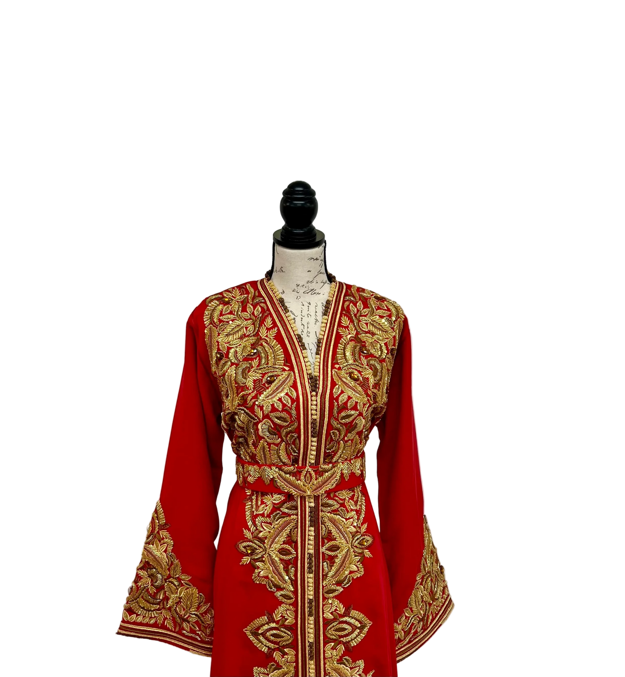 Moroccan Red Caftan with Gold and Bronze Embroidery, Satin Lined