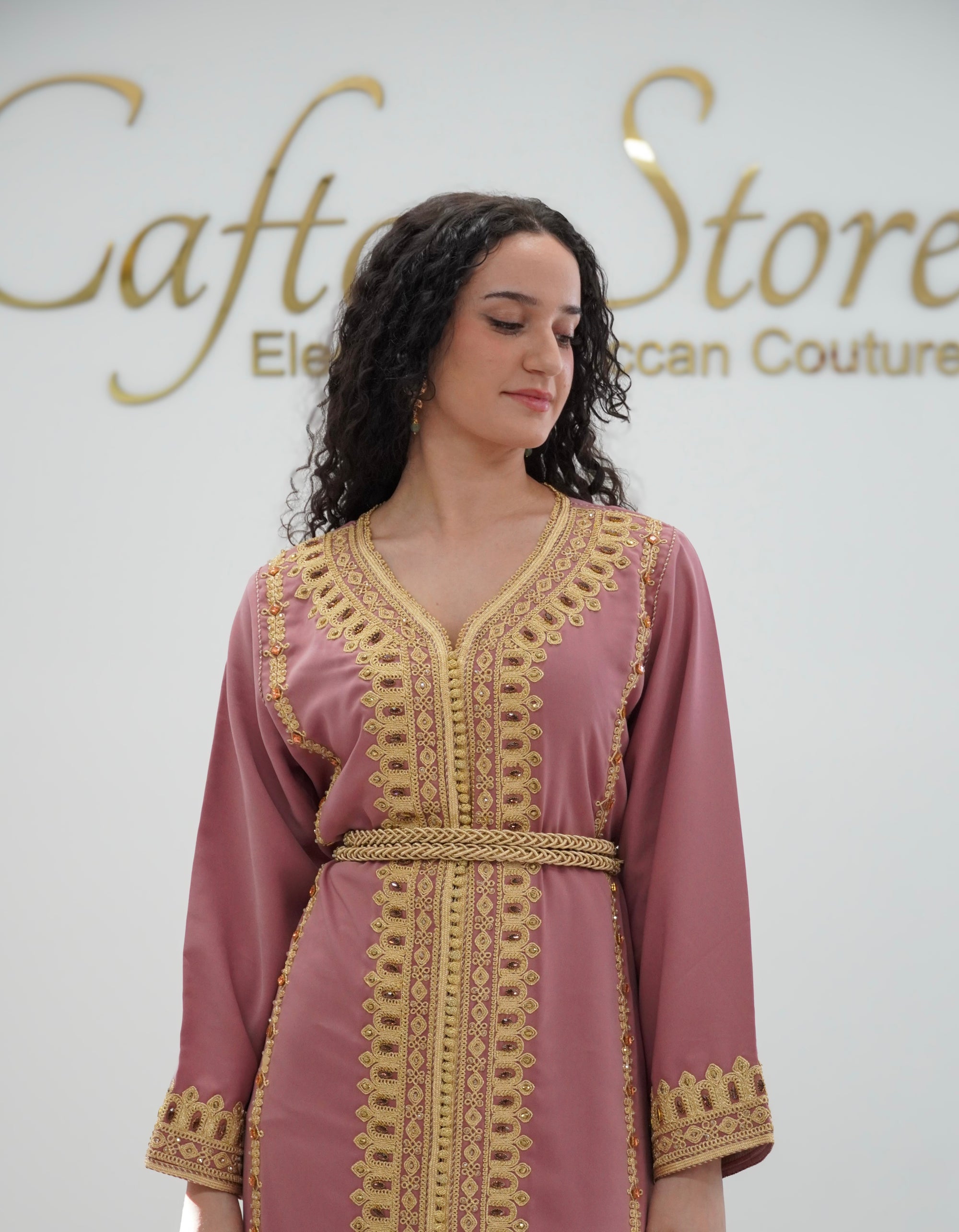 Dusty Rose Moroccan Caftan with Gold Embroidery | Elegant Traditional Dress