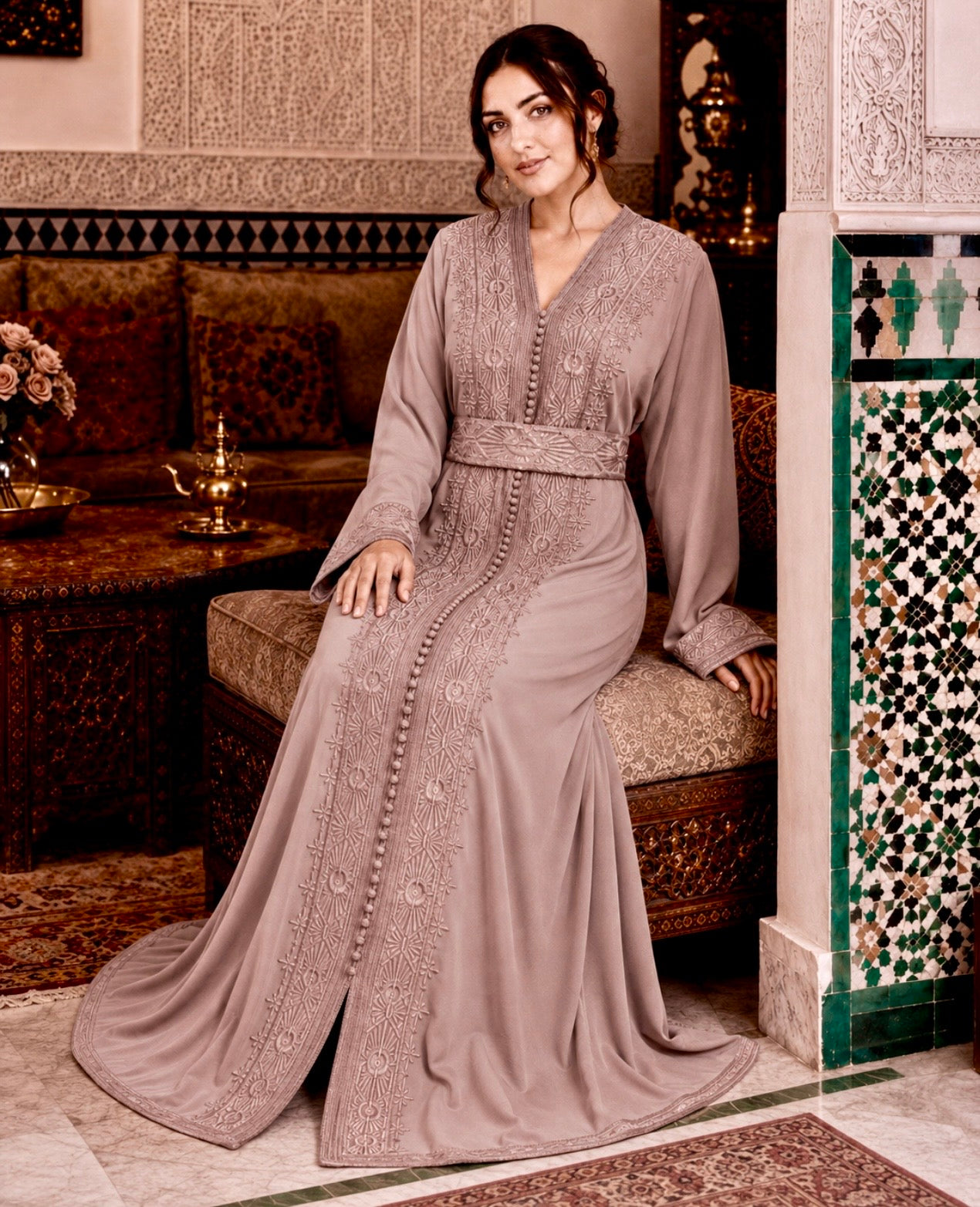 Moroccan Caftan – Embroidered Crepe Dress with Modest Long Sleeves