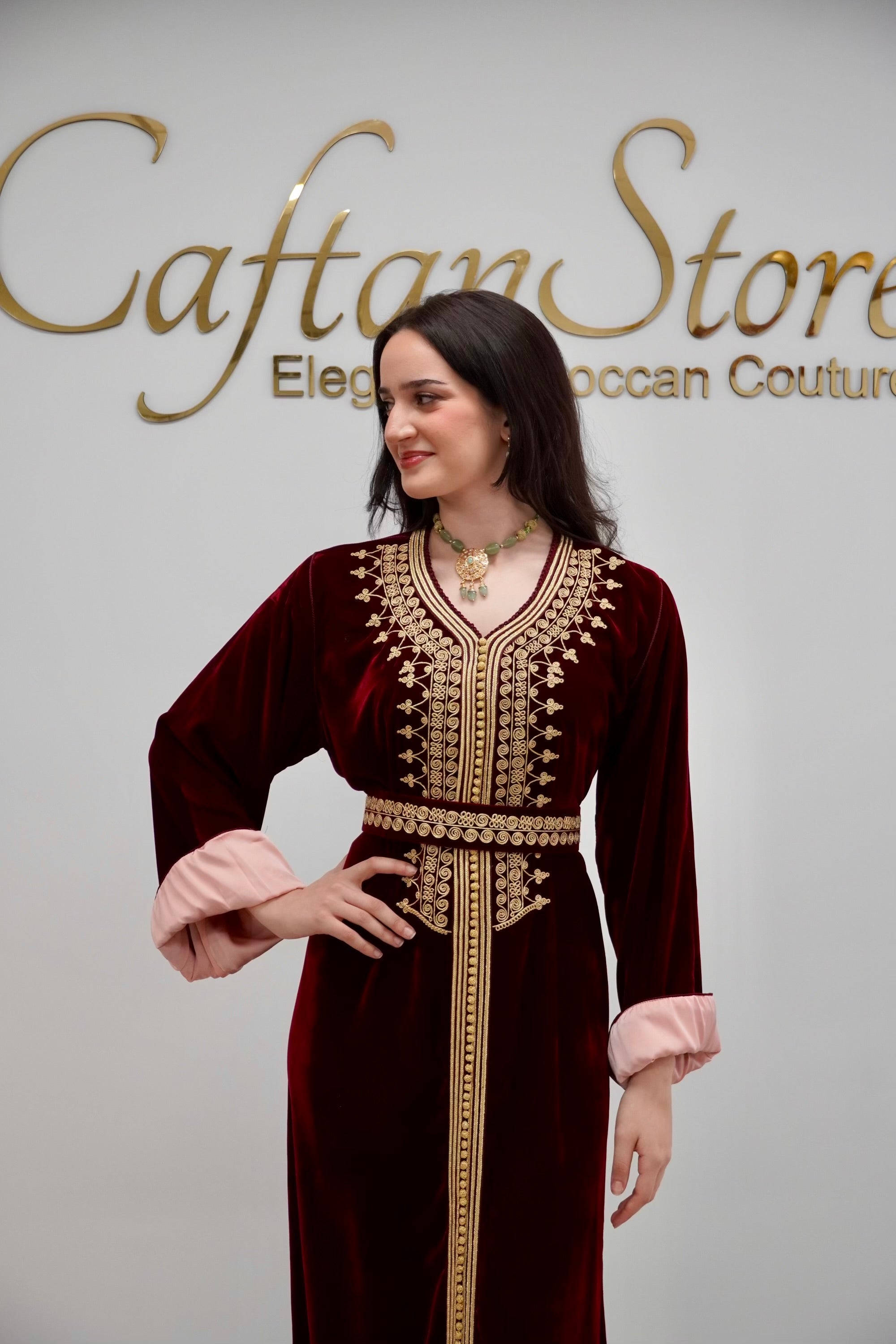 Timeless Burgundy Caftan with Exquisite Gold Embroidery and Baby Pink Contrast