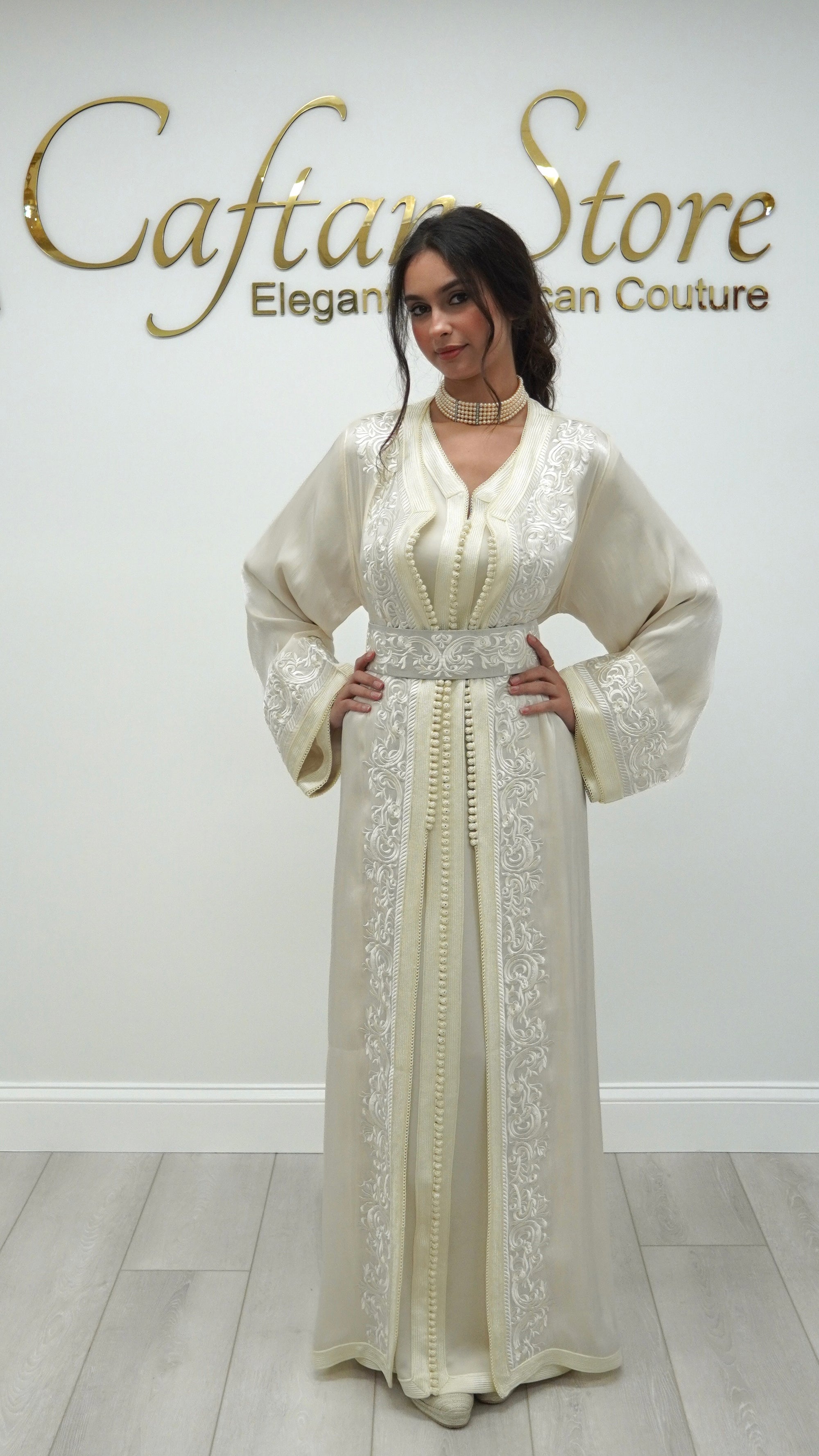 Moroccan Takchita Dress – Cream Embroidered Two-piece Wedding Caftan