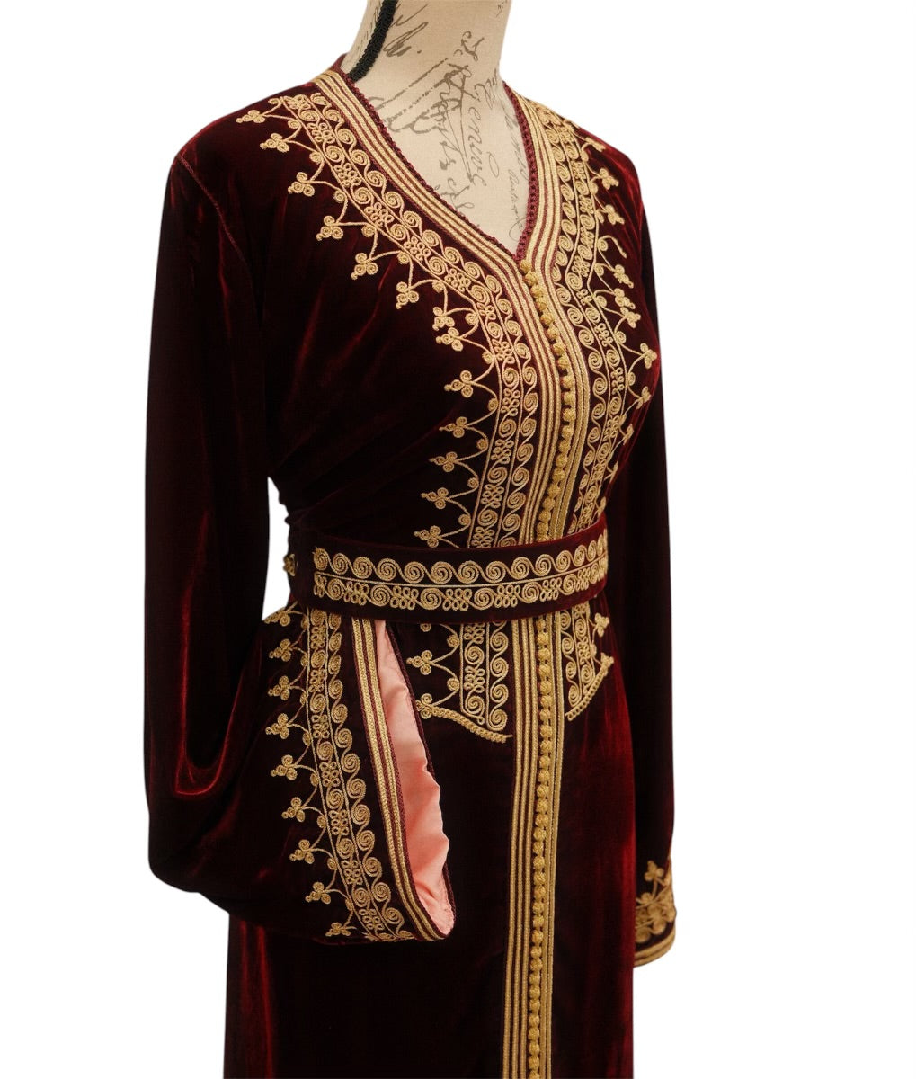 Timeless Burgundy Caftan with Exquisite Gold Embroidery and Baby Pink Contrast