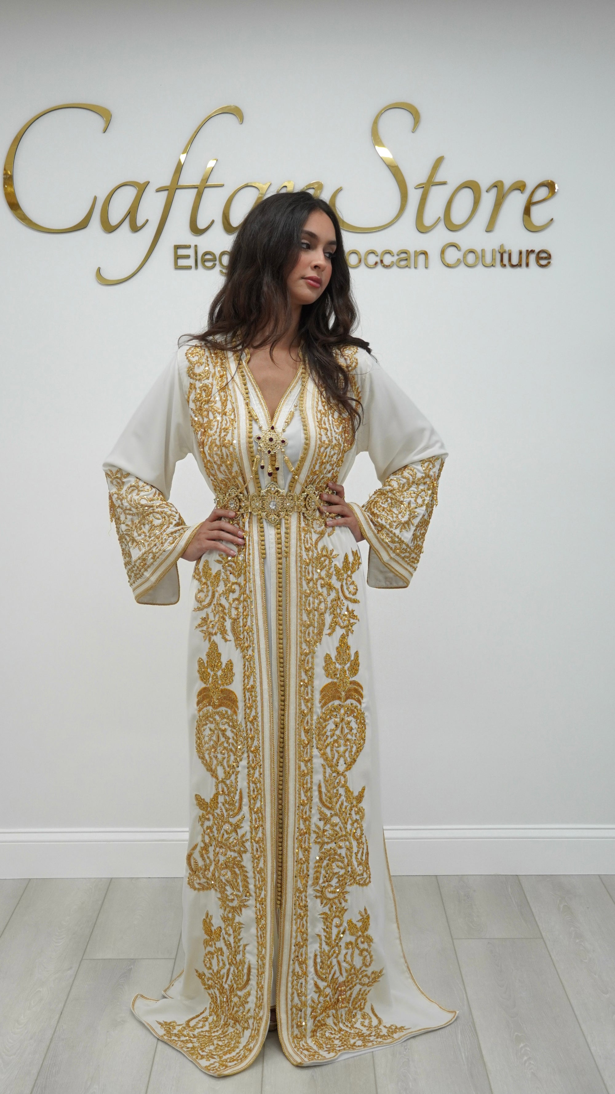 Zahra Moroccan Wedding Dress – White & Gold Embroidered Bridal Takchita Caftan