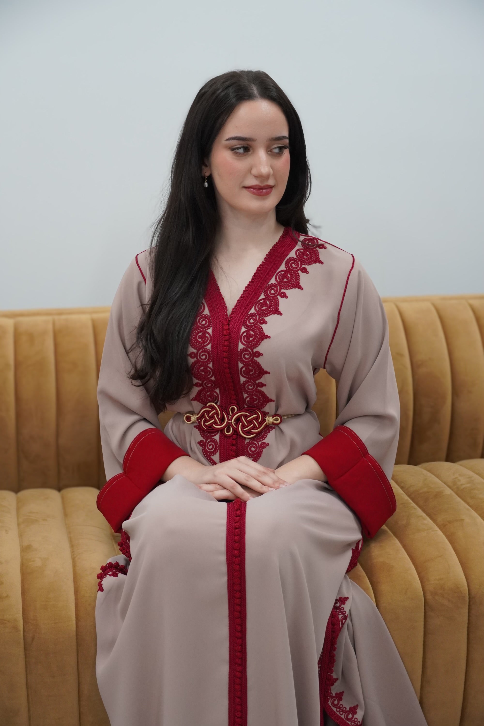 Chic Taupe Caftan with Burgundy Accents for Eid and Events
