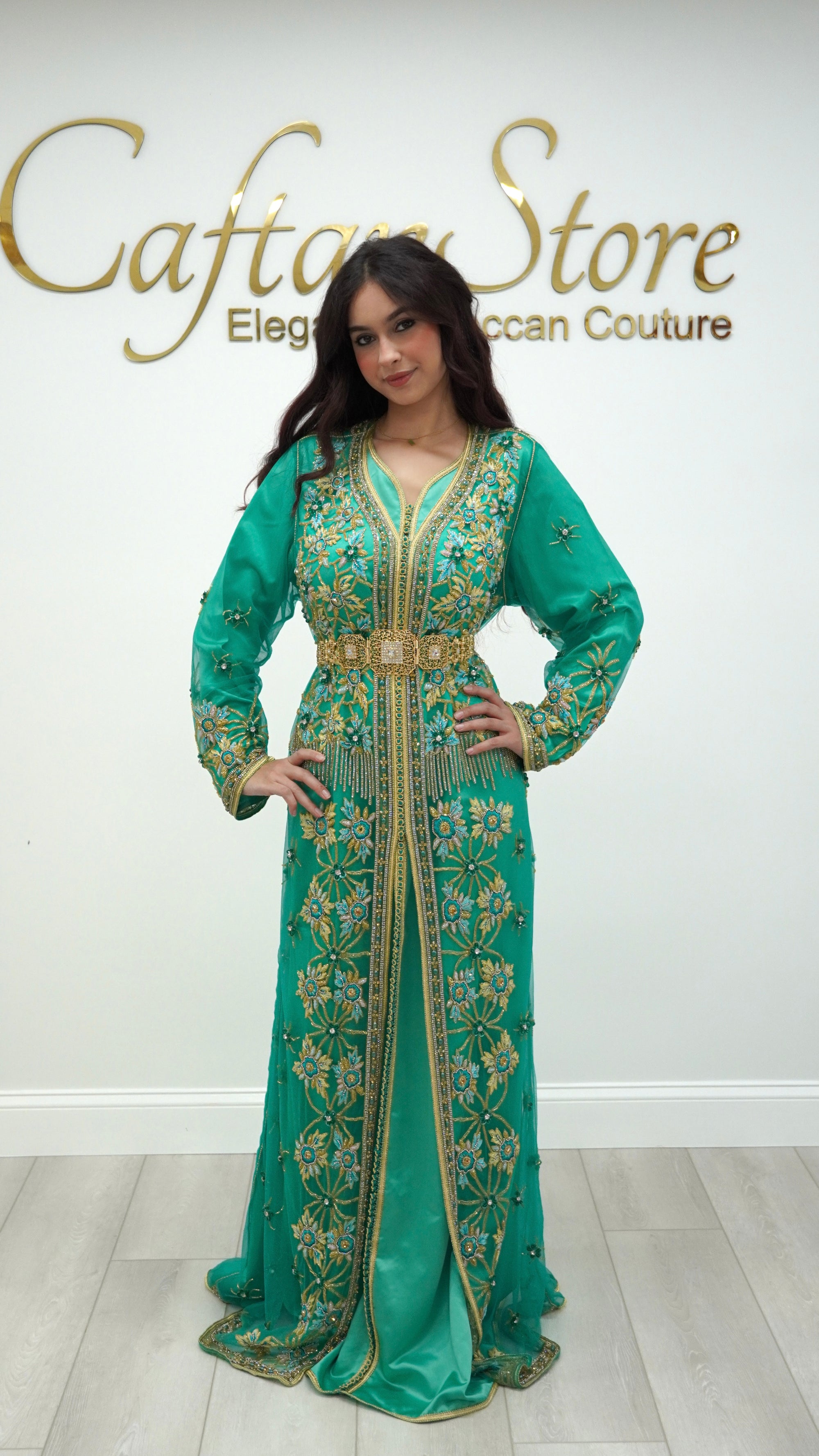 Emerald Green Moroccan Caftan – 2-Piece Embroidered Tulle Takchita