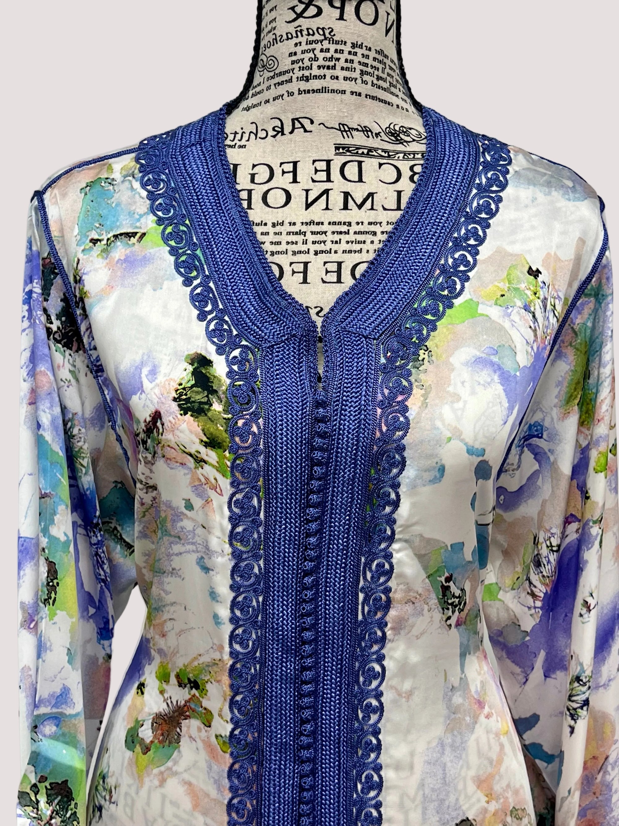 One-Piece Moroccan Satin Silk Caftan – Abstract Floral Print | Modest Luxury Dress