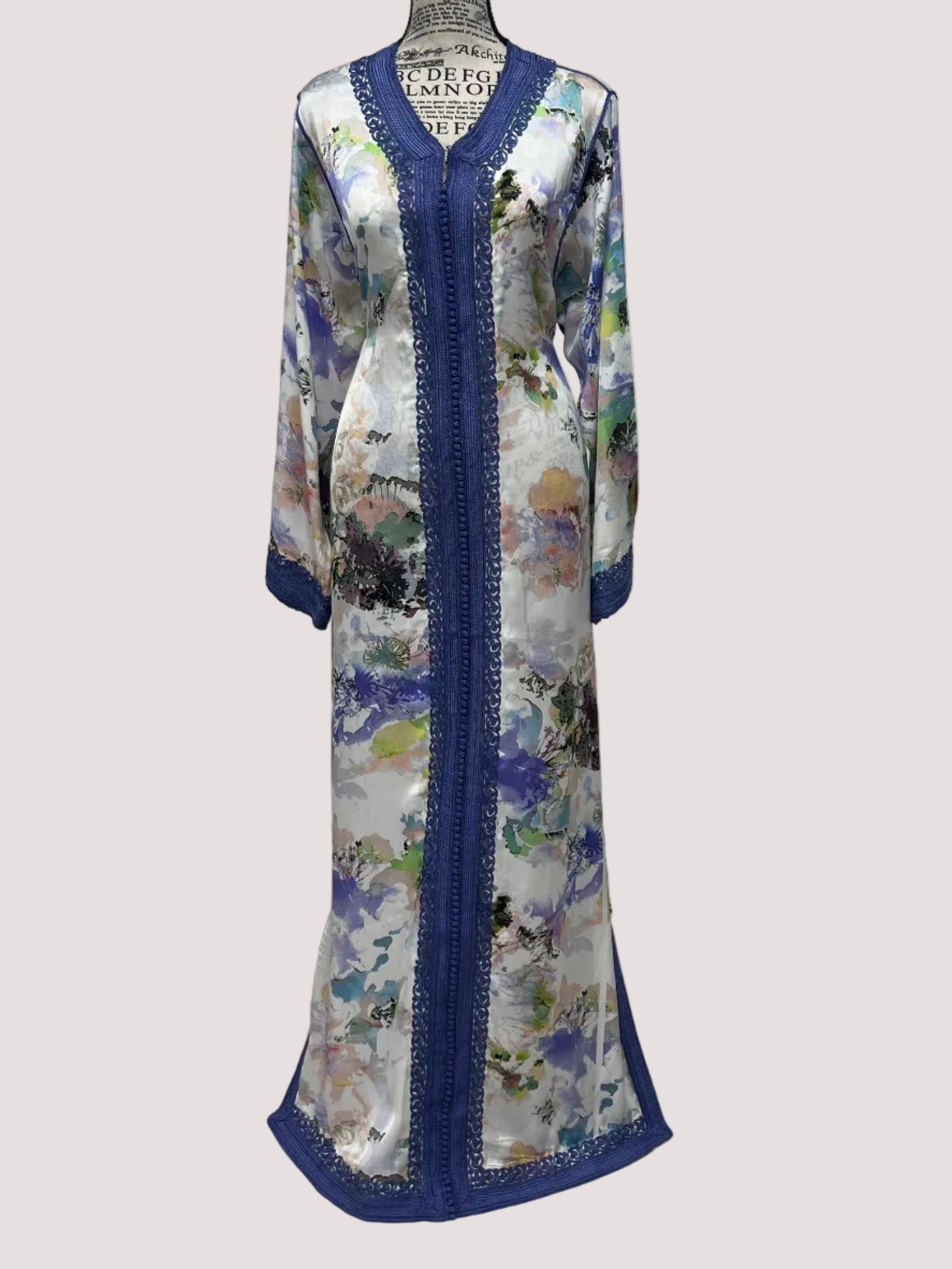 One-Piece Moroccan Satin Silk Caftan – Abstract Floral Print | Modest Luxury Dress