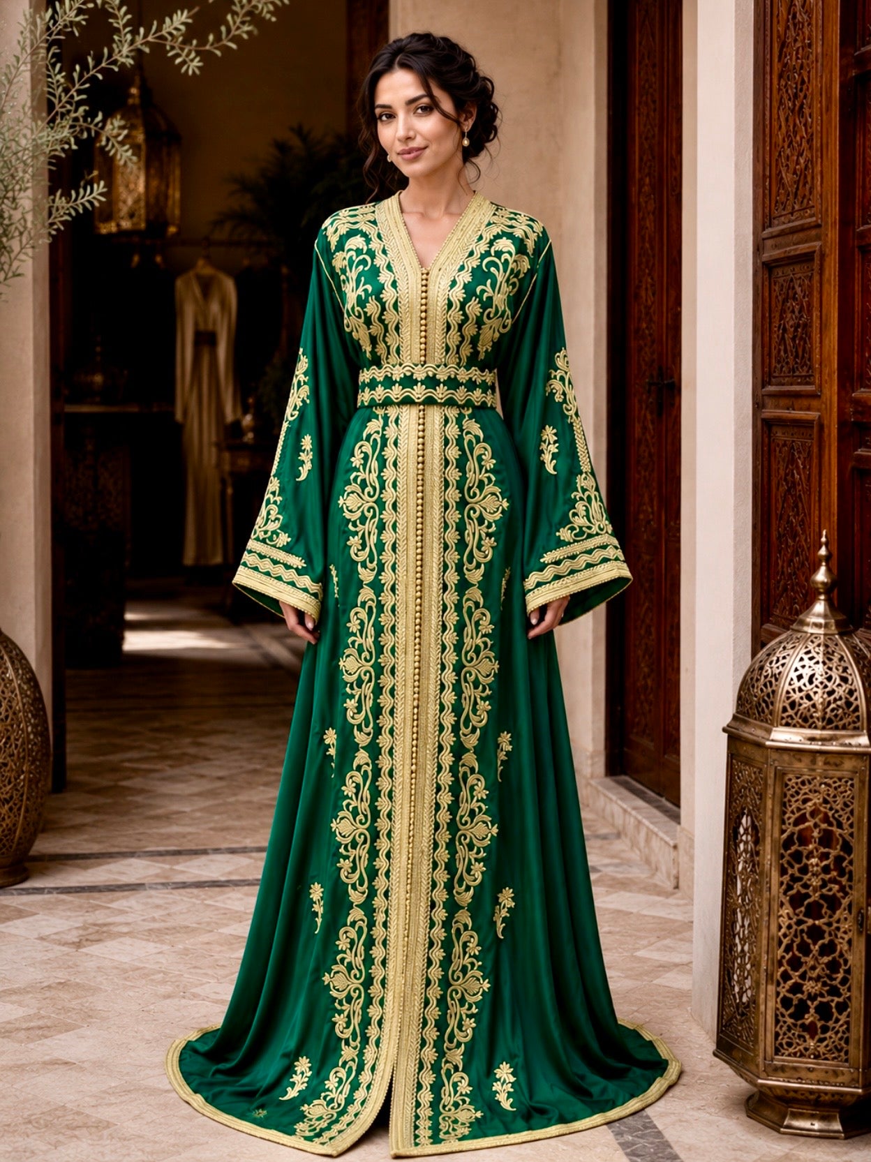 Königsgrüner Satin-Kaftan mit Goldstickerei & passendem Gürtel