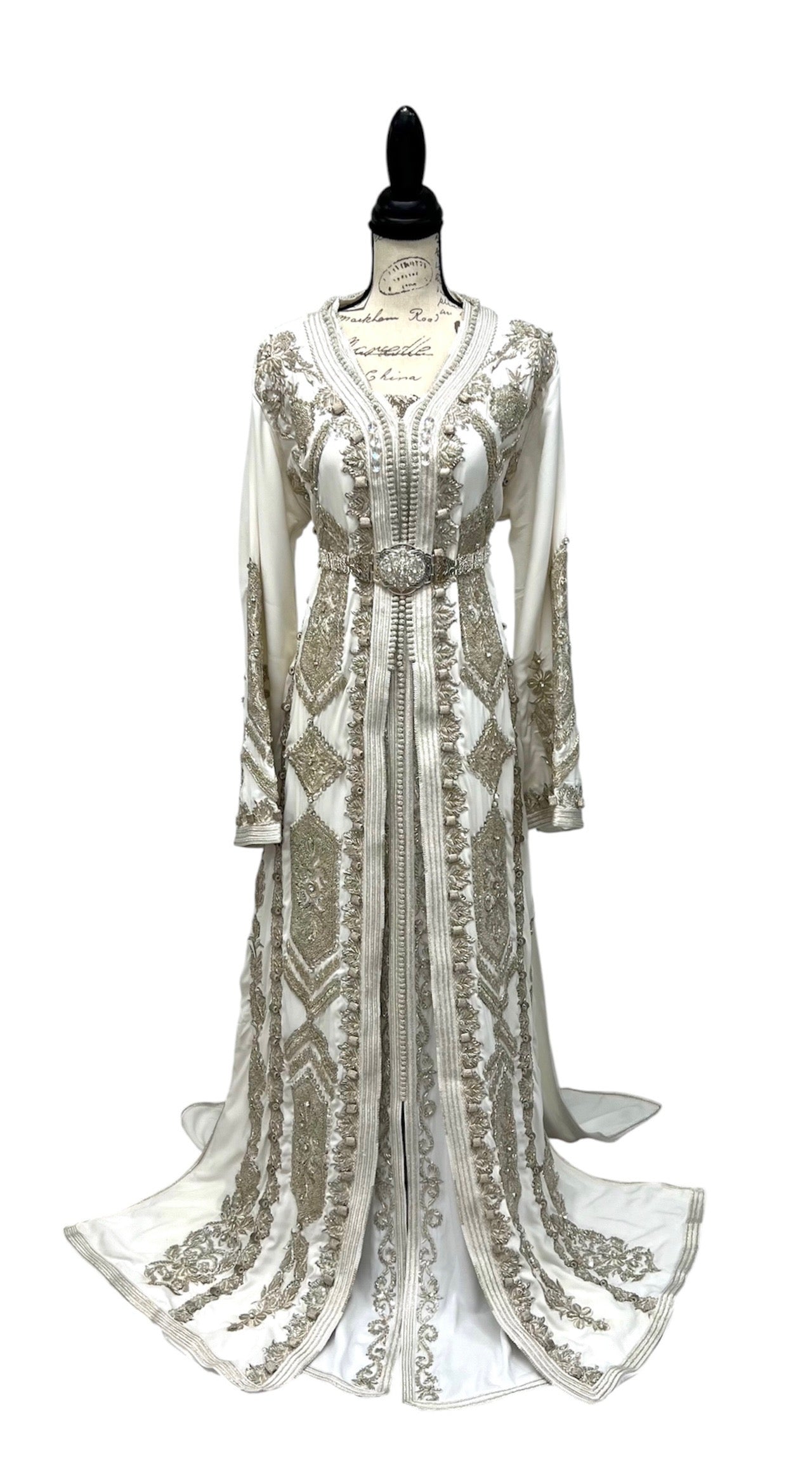 White and Silver Hand Beaded Designer Bridal Takchita with Train