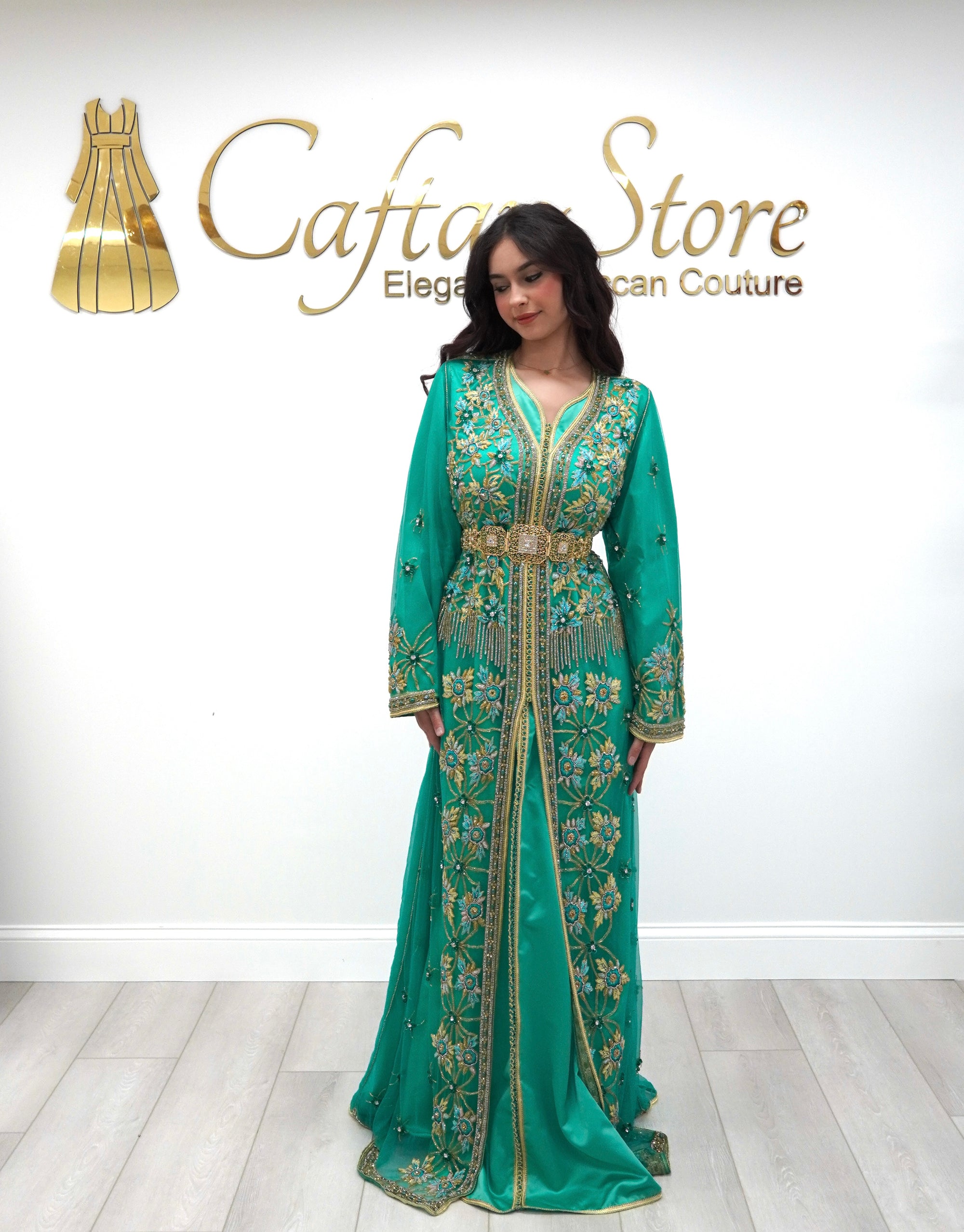 Emerald Green Moroccan Caftan – 2-Piece Embroidered Tulle Takchita