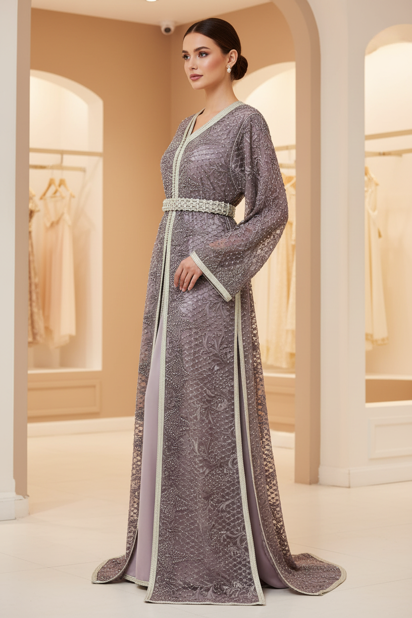 Mauve Moroccan Caftan Takchita with Silver Embroidery