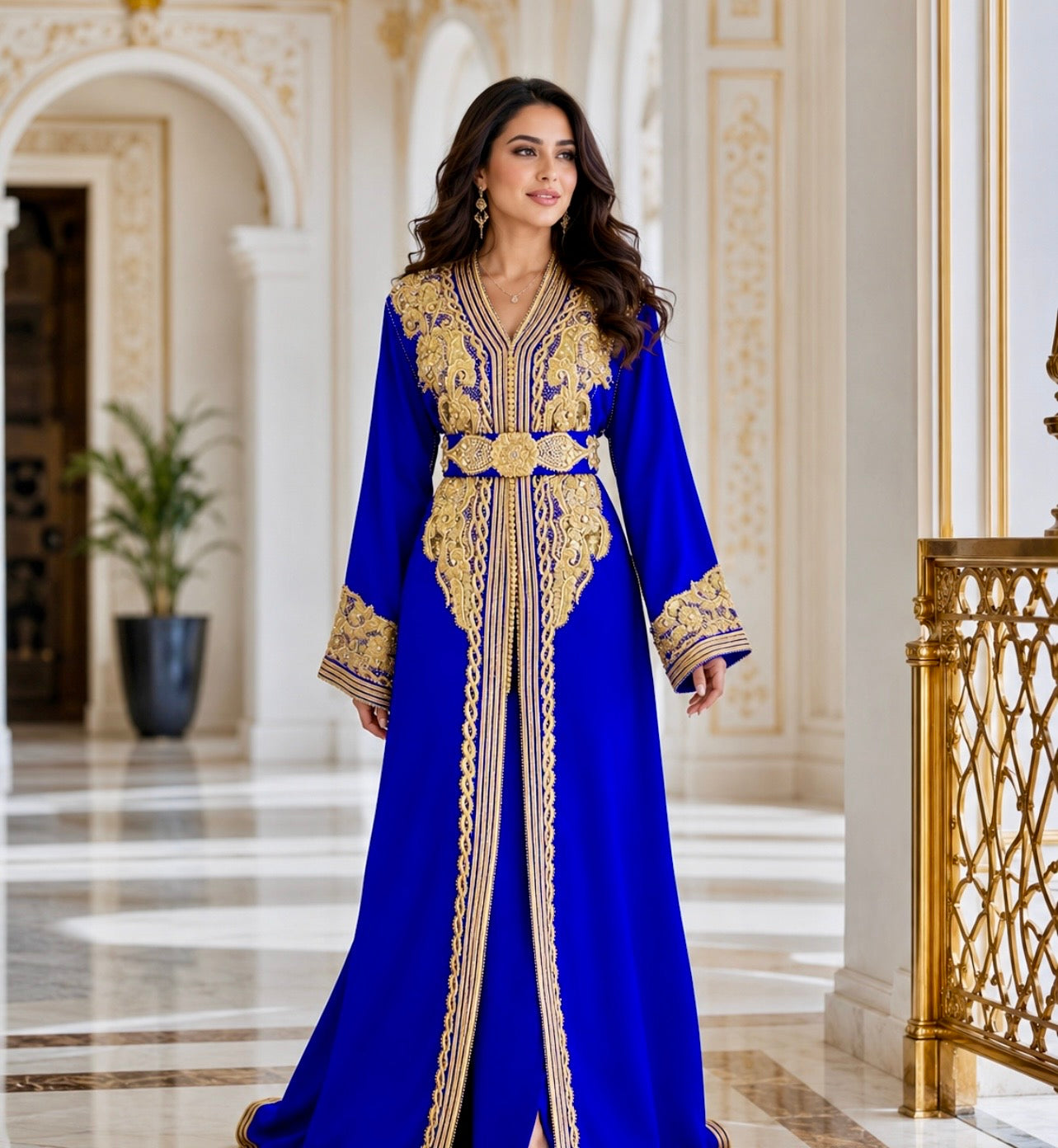Moroccan Wedding Dress – Royal Blue Two-piece Takchita with Gold Embro