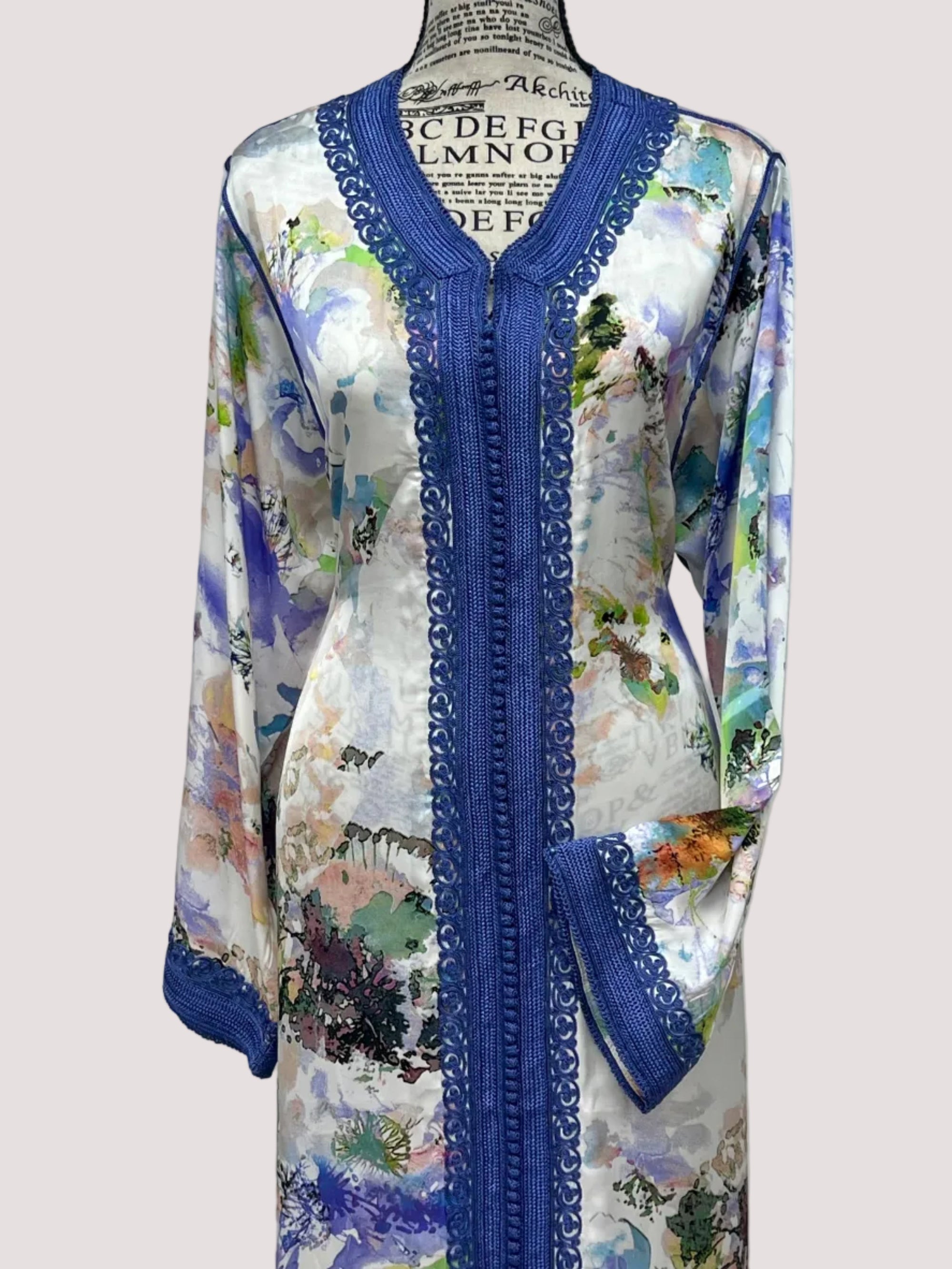 One-Piece Moroccan Satin Silk Caftan – Abstract Floral Print | Modest Luxury Dress