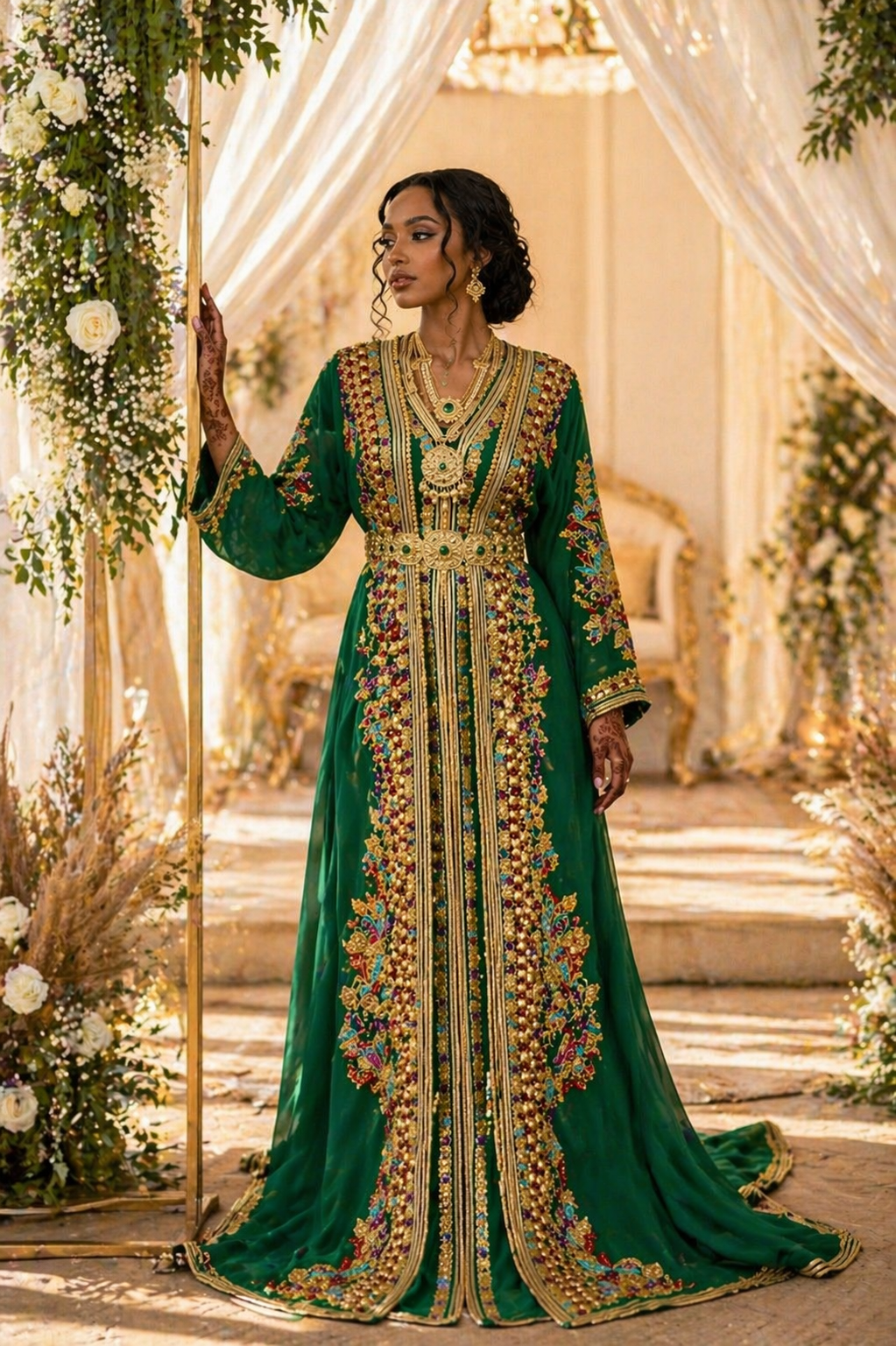 Luxury Emerald Green Moroccan Caftan with Gold Embroidery and Train