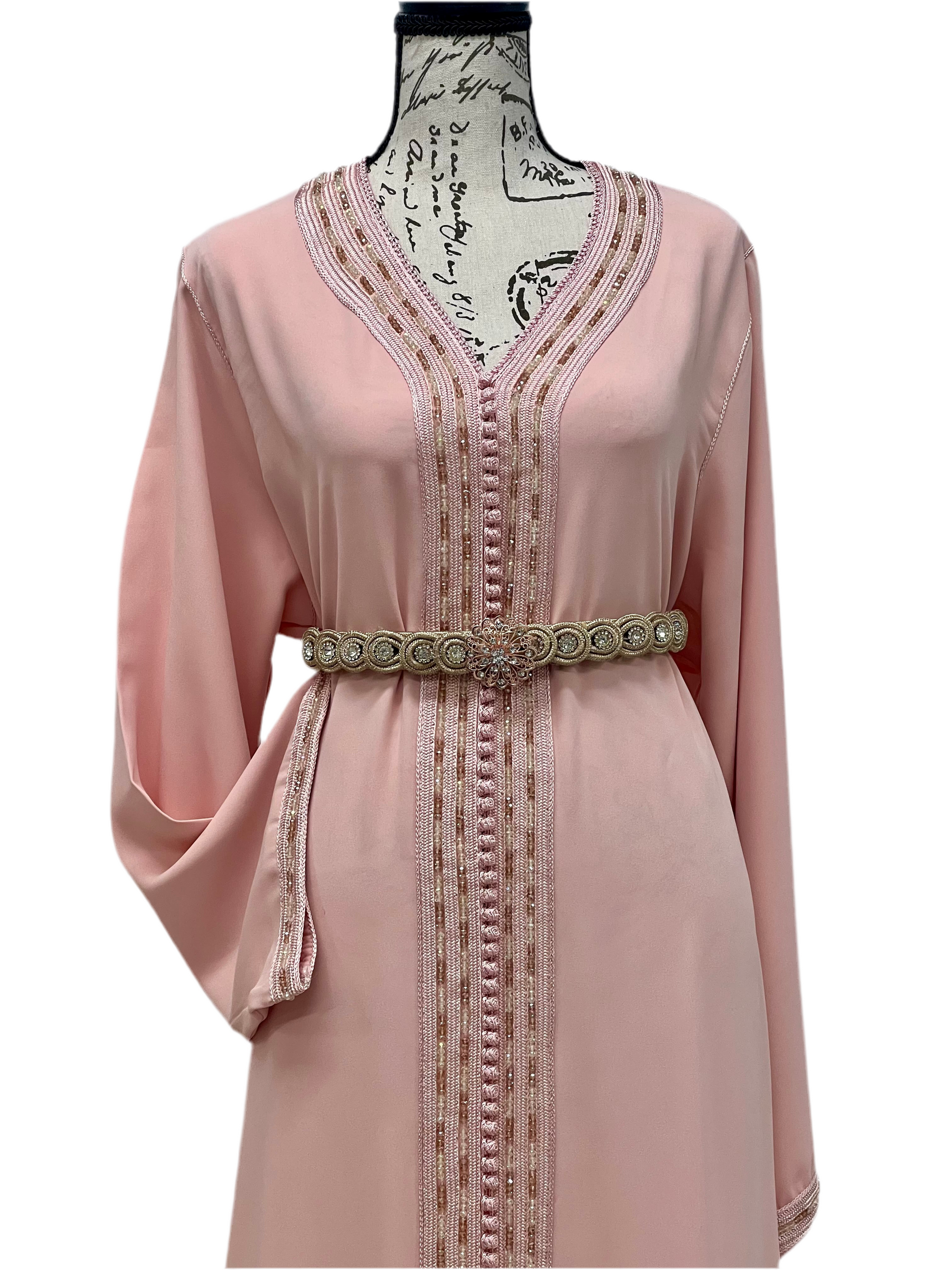 Elegant Blush Pink Crepe Caftan with Delicate Embroidery – Perfect for Special Occasions
