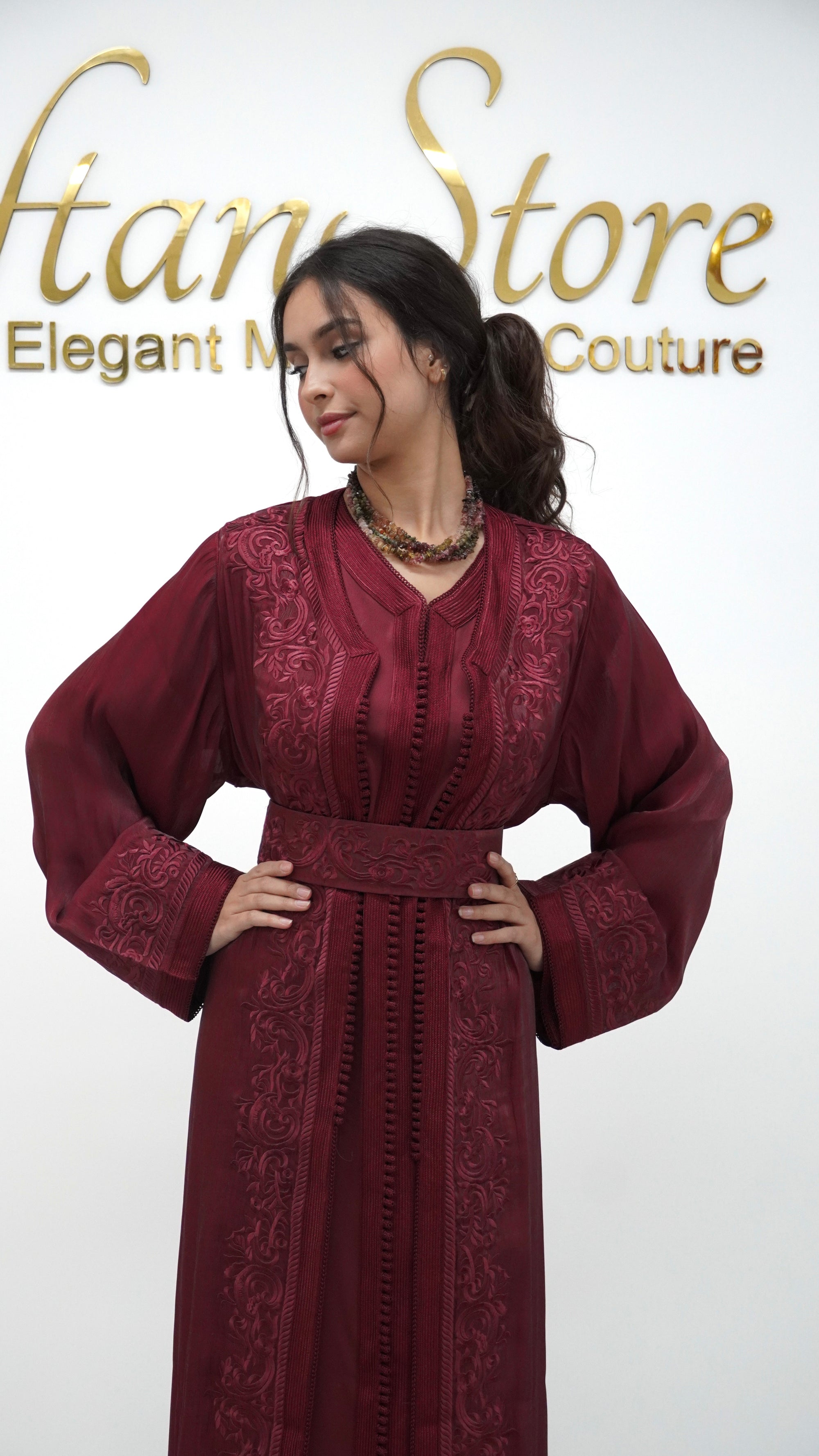 Moroccan Takchita Dress – Burgundy Embroidered Two-piece Wedding Caftan