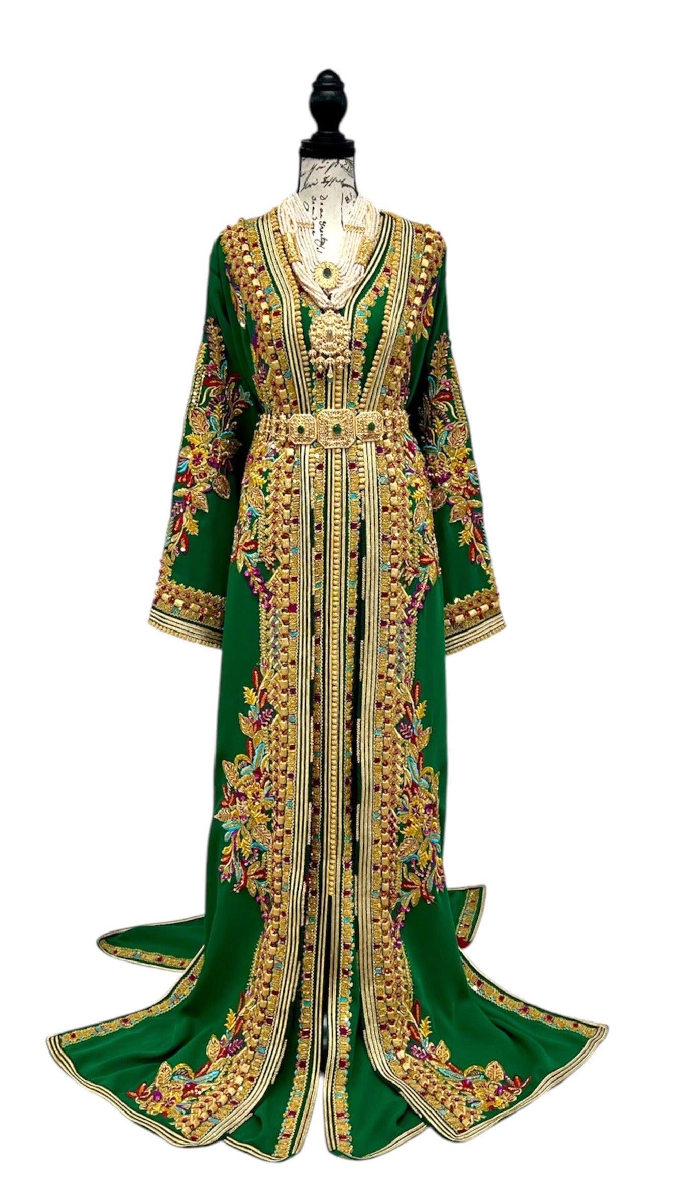 Luxury Emerald Green Moroccan Caftan with Gold Embroidery and Train