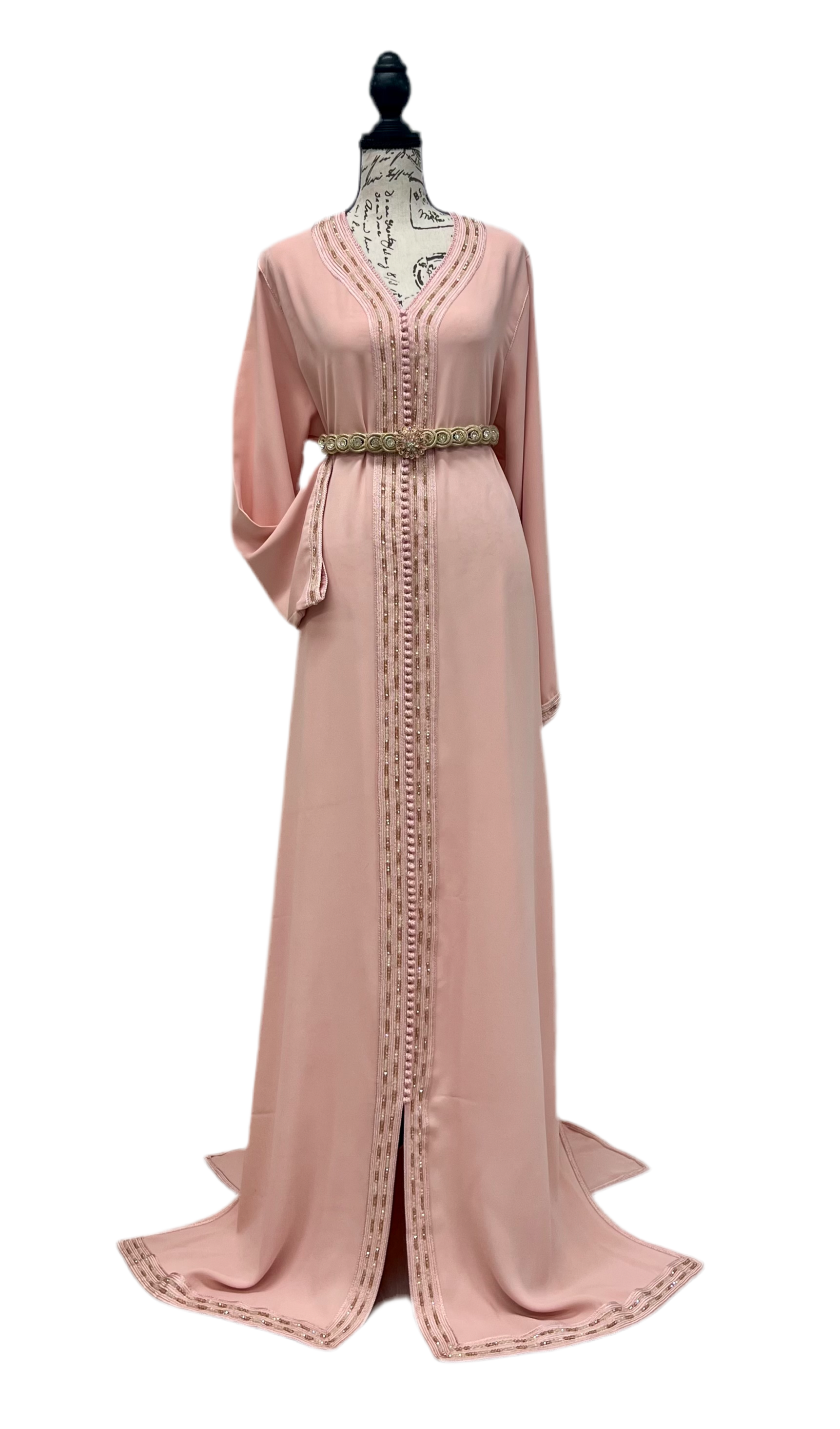 Elegant Blush Pink Crepe Caftan with Delicate Embroidery – Perfect for Special Occasions
