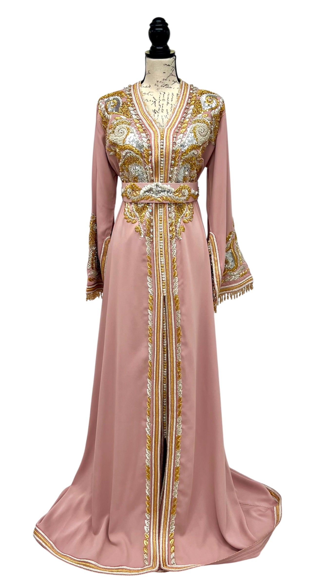 Blush Moroccan Caftan with Gold & Silver Embroidery and Beading