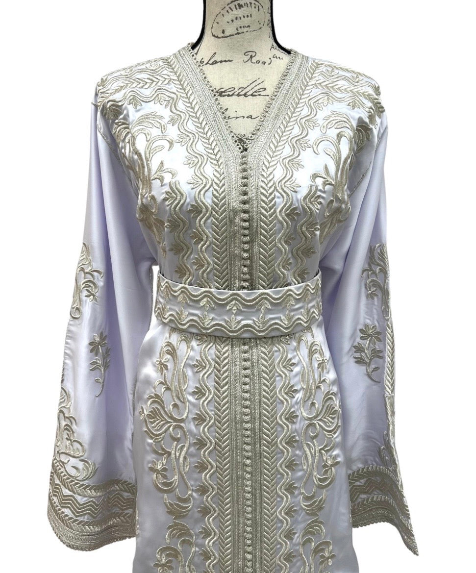 White Satin Moroccan Caftan with Silver Embroidery | Elegant Belted Kaftan