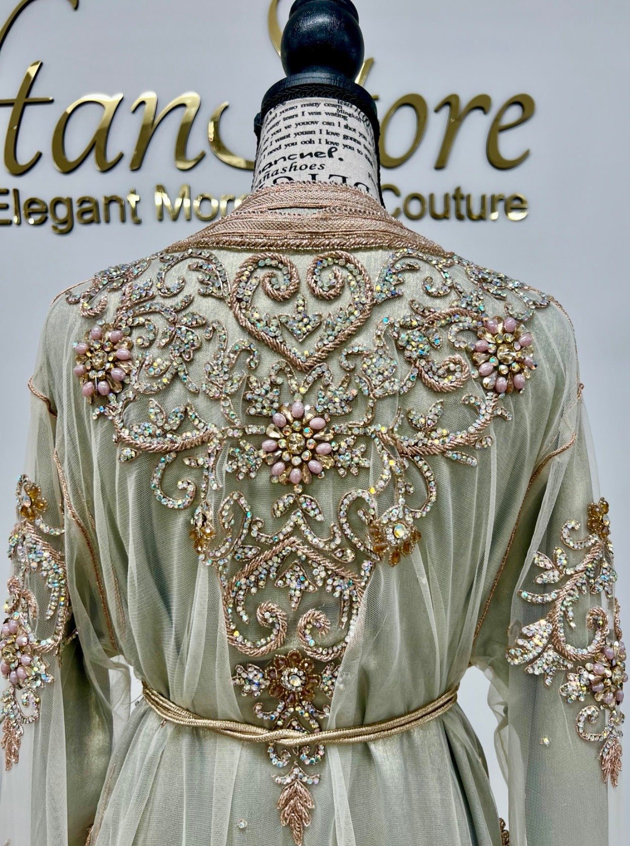 Sage Green Moroccan Tulle Takchita with Rose Gold Embroidery