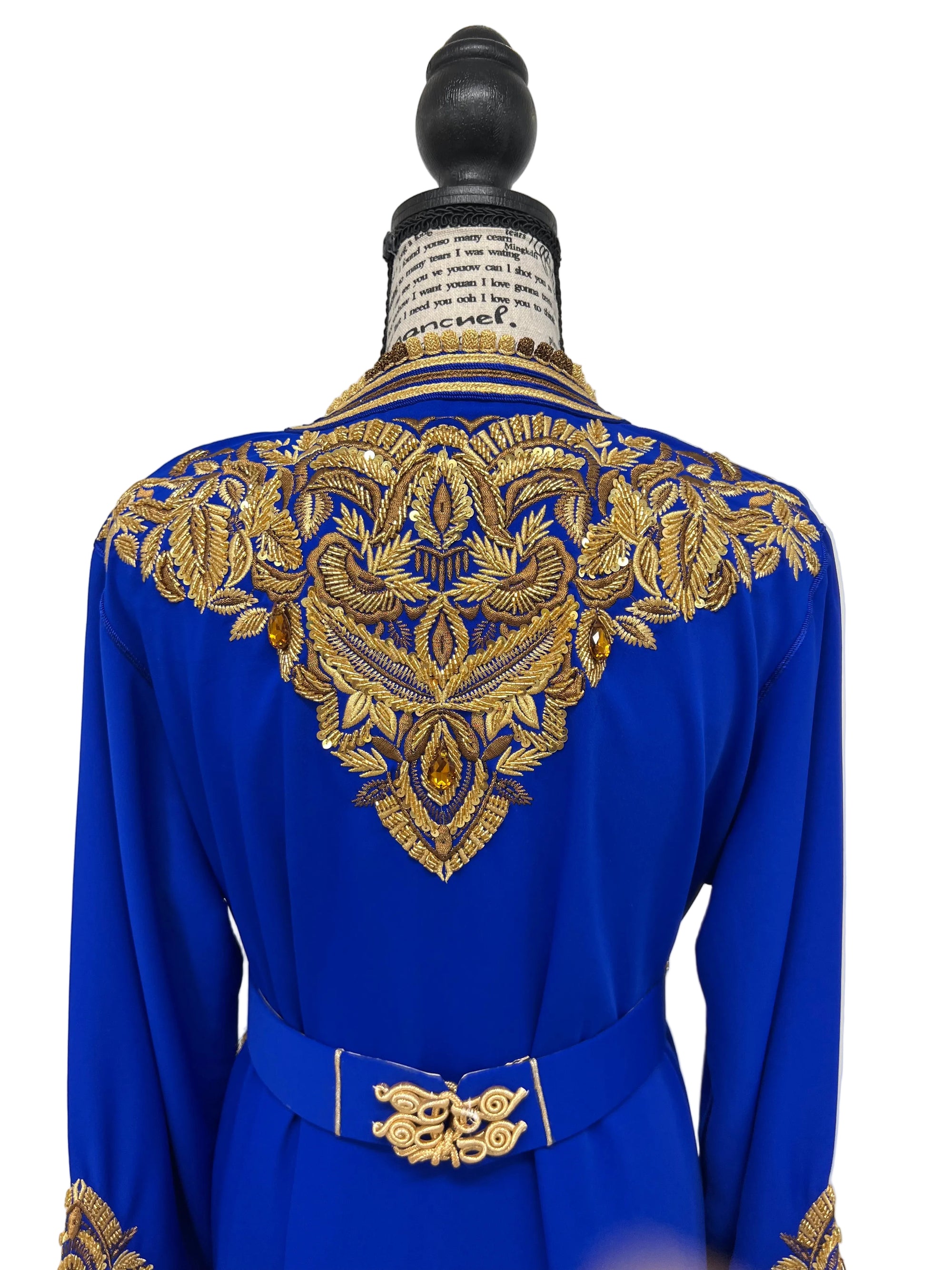 Moroccan Royal Blue Caftan with Gold and Bronze Embroidery, Satin Lined