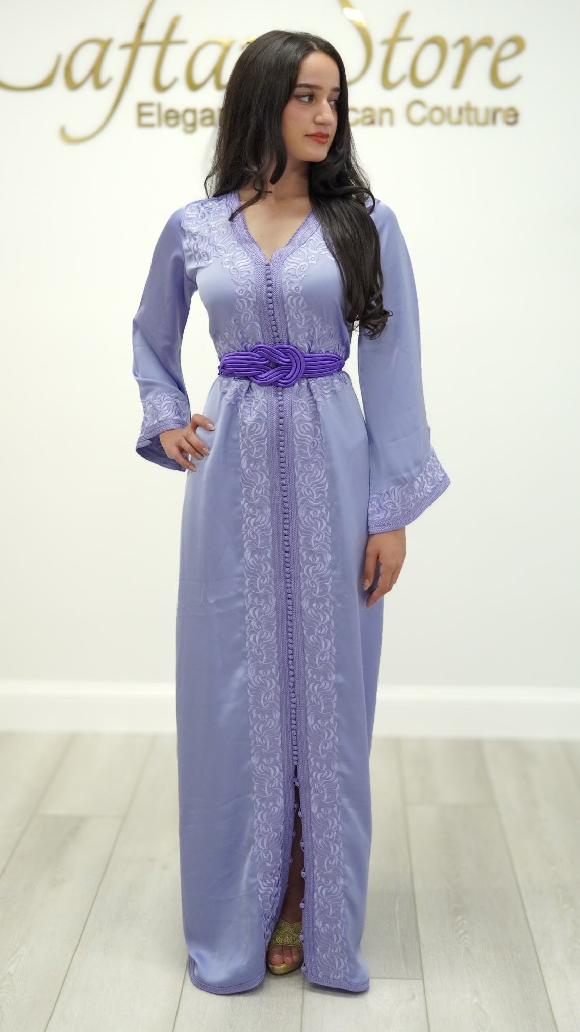 Lavender Silk Moroccan Caftan with Monochrome Embroidery