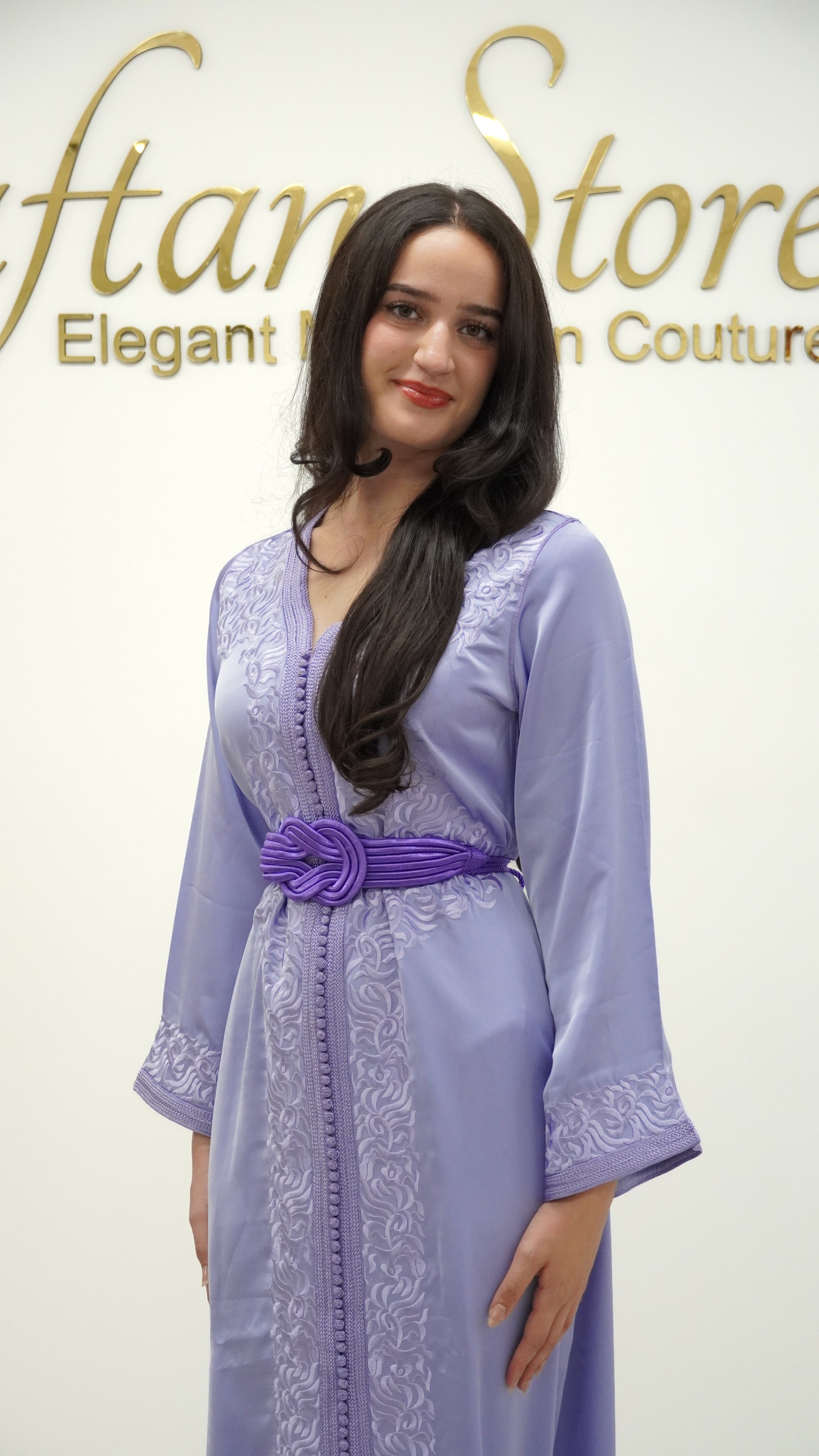 Lavender Silk Moroccan Caftan with Monochrome Embroidery