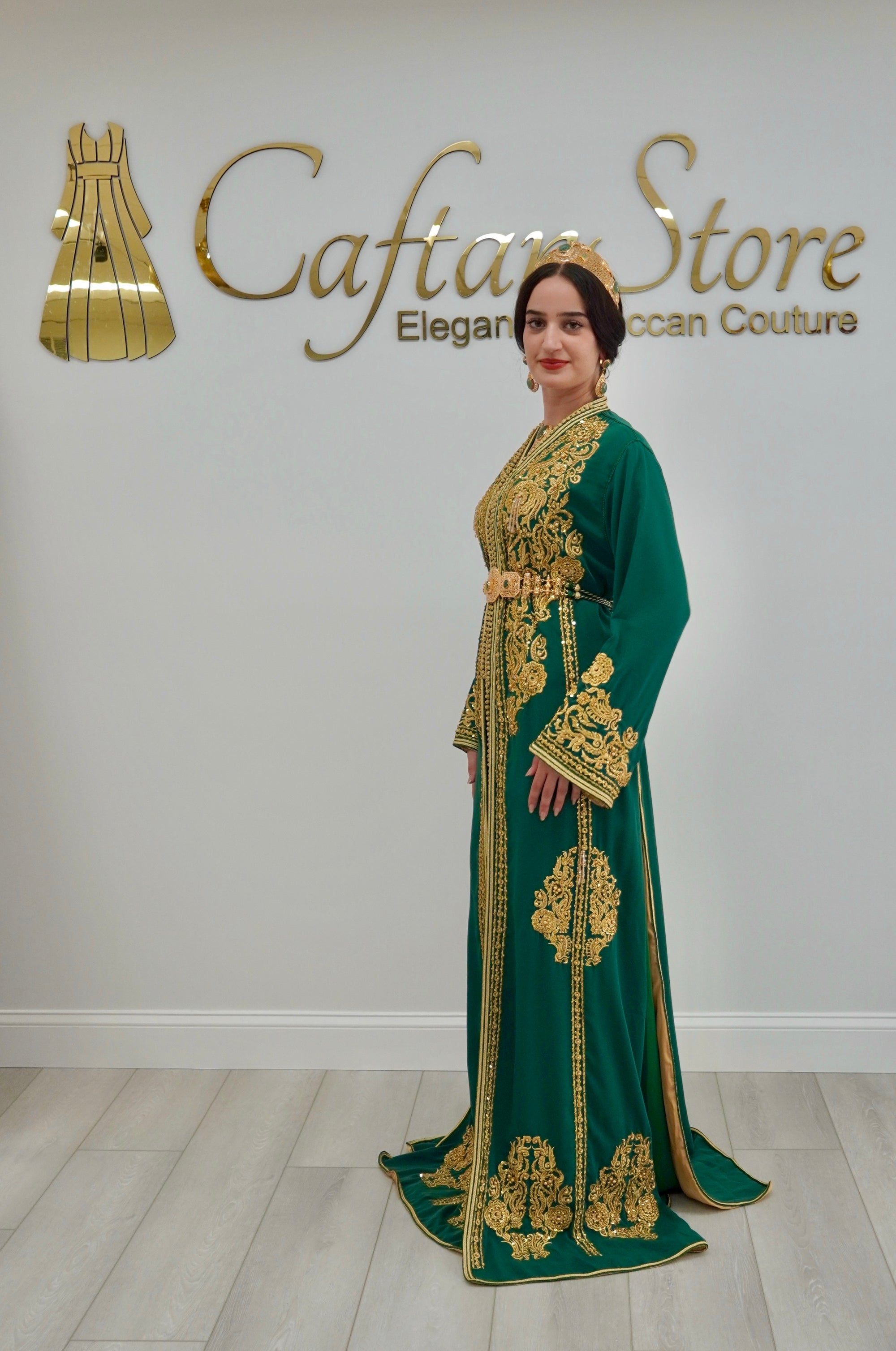 Royal Green Moroccan Henna Caftan Gold Embroidered Two Piece - CaftanStore Royal Green Moroccan Henna Caftan Gold Embroidered Two Piece - CaftanStore