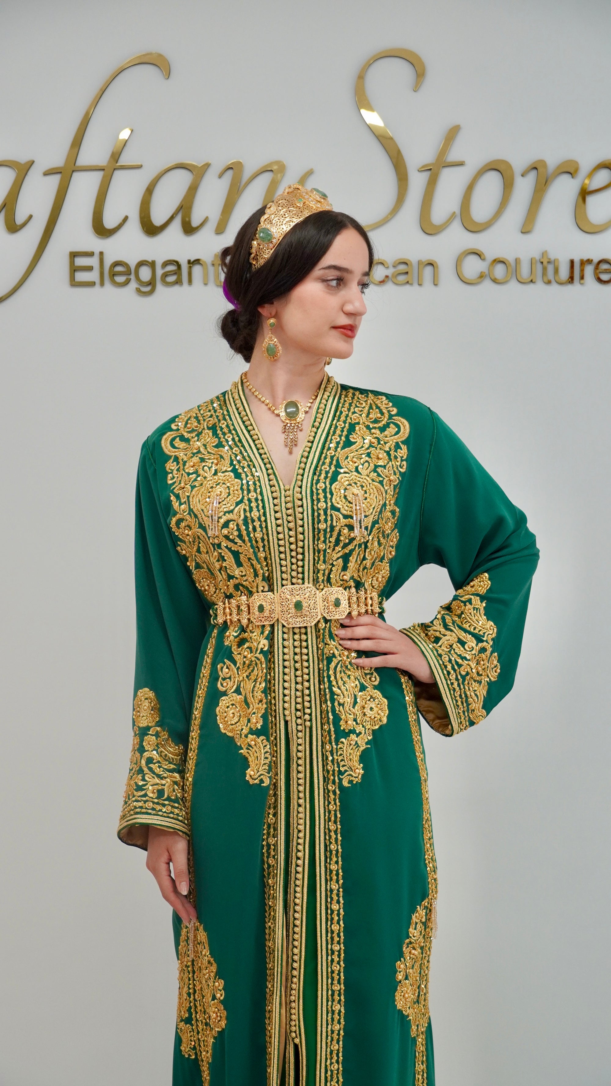 Royal Green & Gold Embroidered 2-Piece Moroccan Caftan with Optional Veil & Accessories