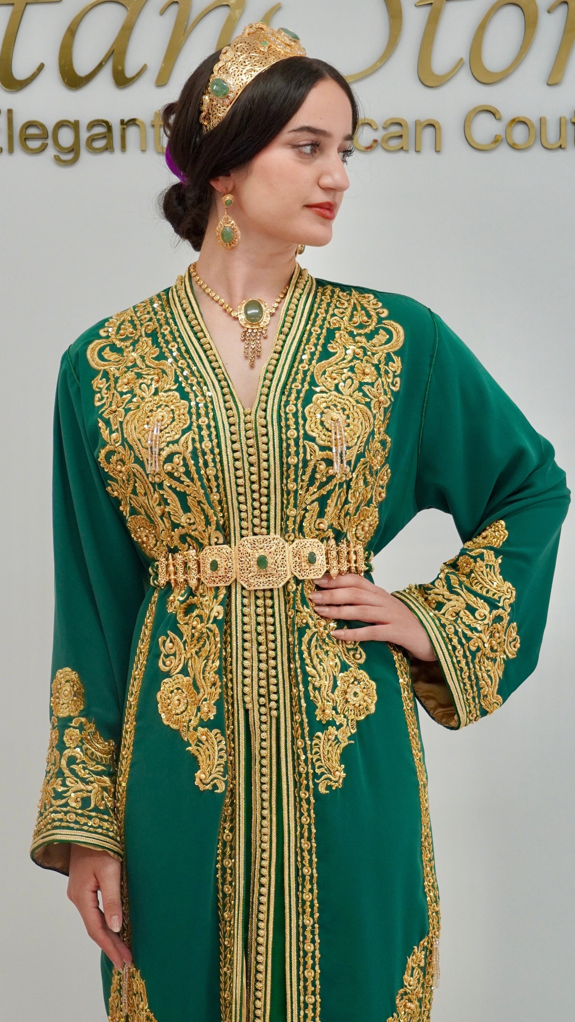 Royal Green Moroccan Henna Caftan Gold Embroidered Two Piece - CaftanStore Royal Green Moroccan Henna Caftan Gold Embroidered Two Piece - CaftanStore