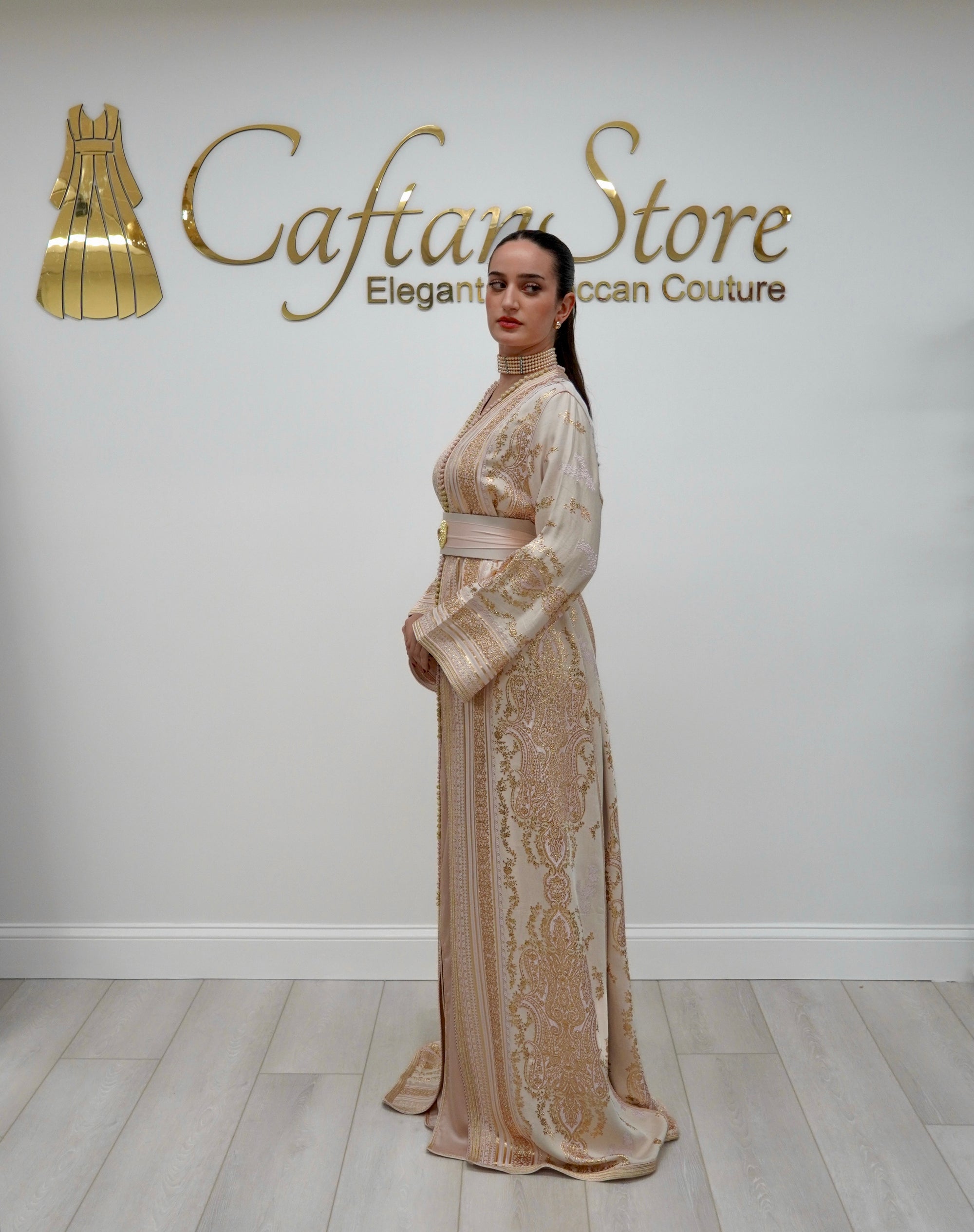 Pink Gold Caftan in Shantung de Soie with Gold Paisley Motifs