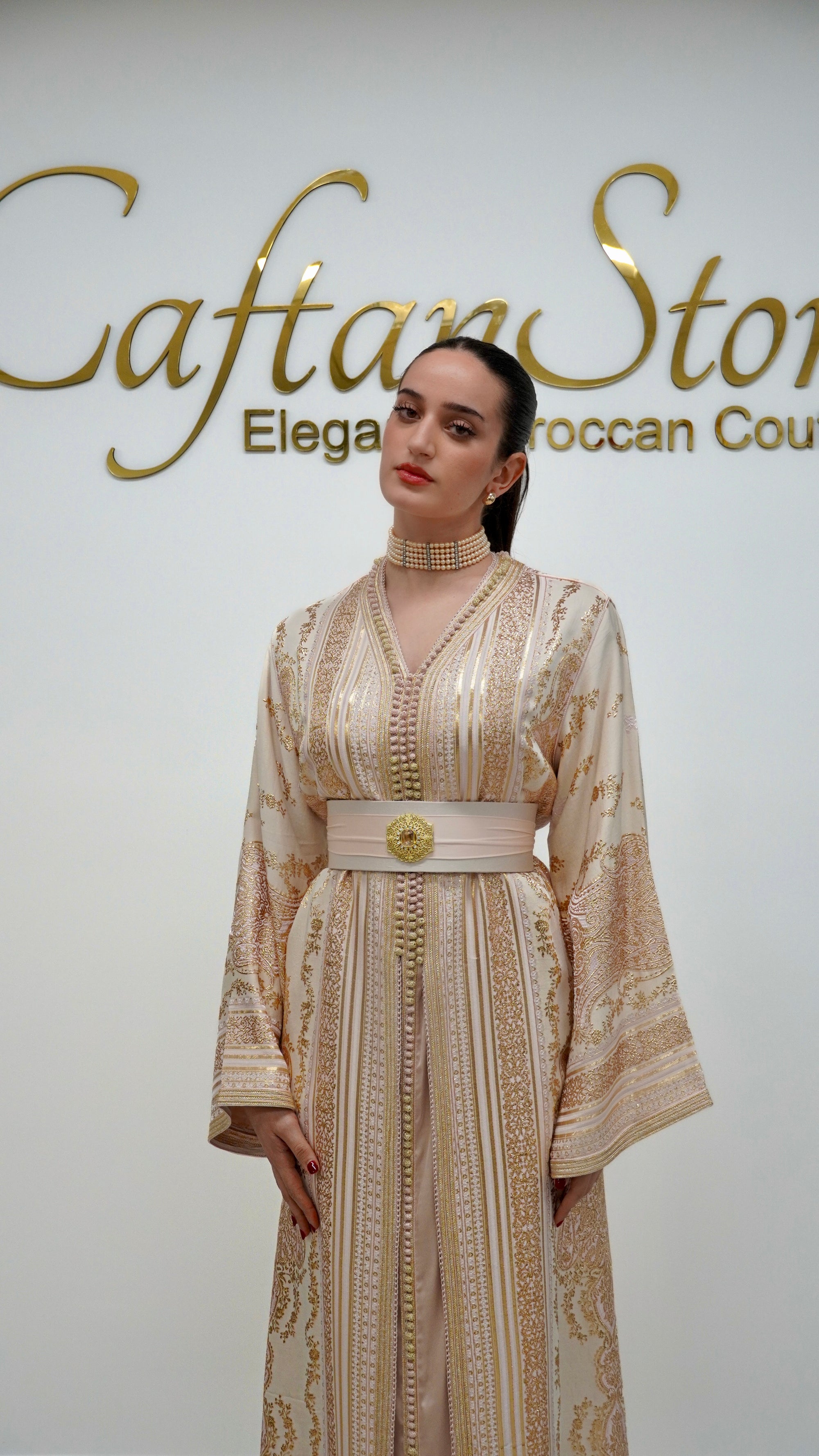 Pink Gold Caftan in Shantung de Soie with Gold Paisley Motifs
