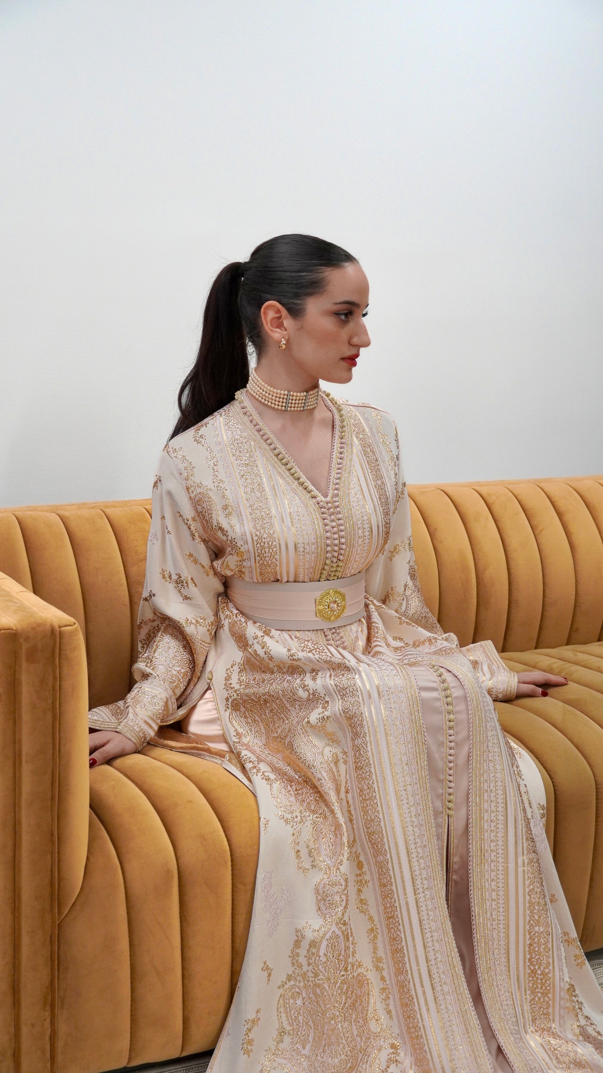 Pink Gold Caftan in Shantung de Soie with Gold Paisley Motifs