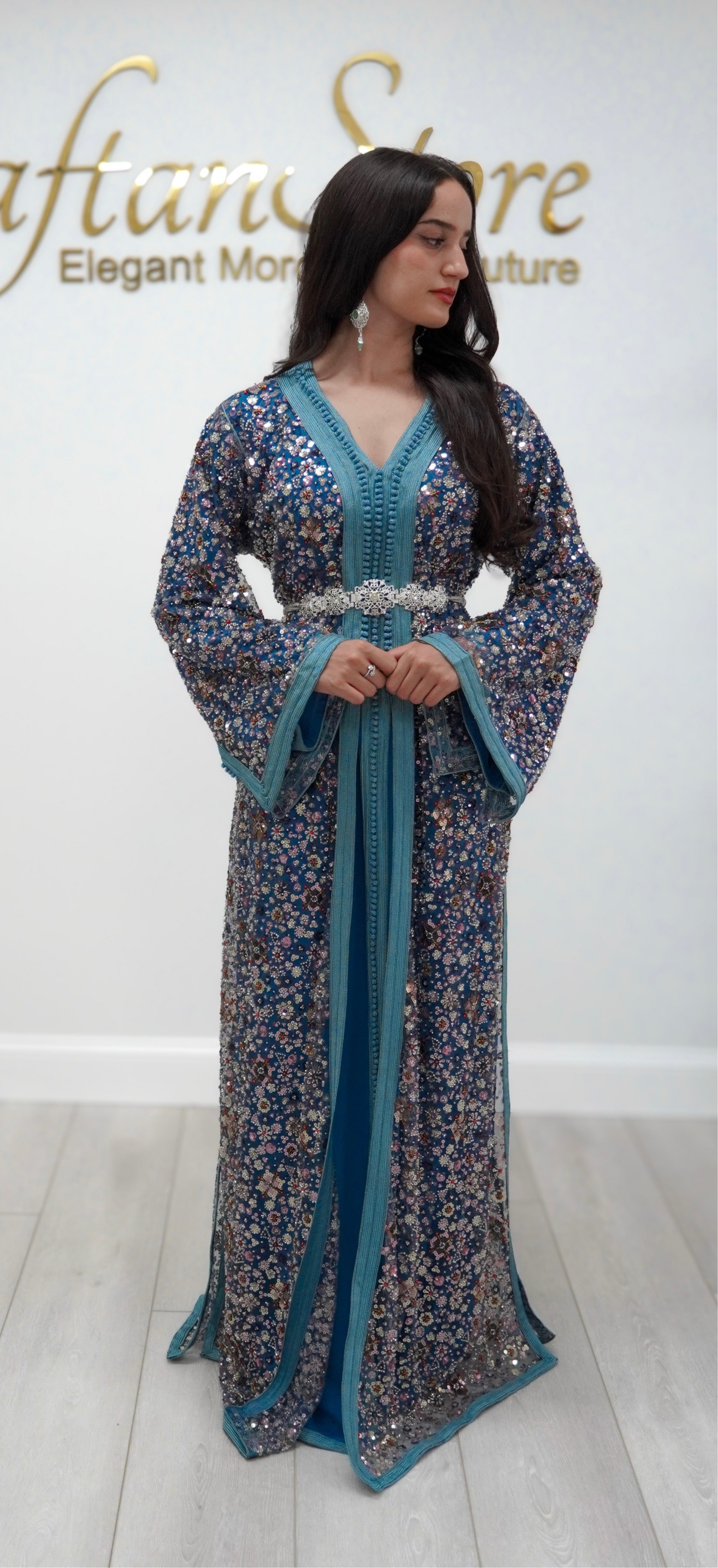 Teal Caftan with Sequins & Beaded Details