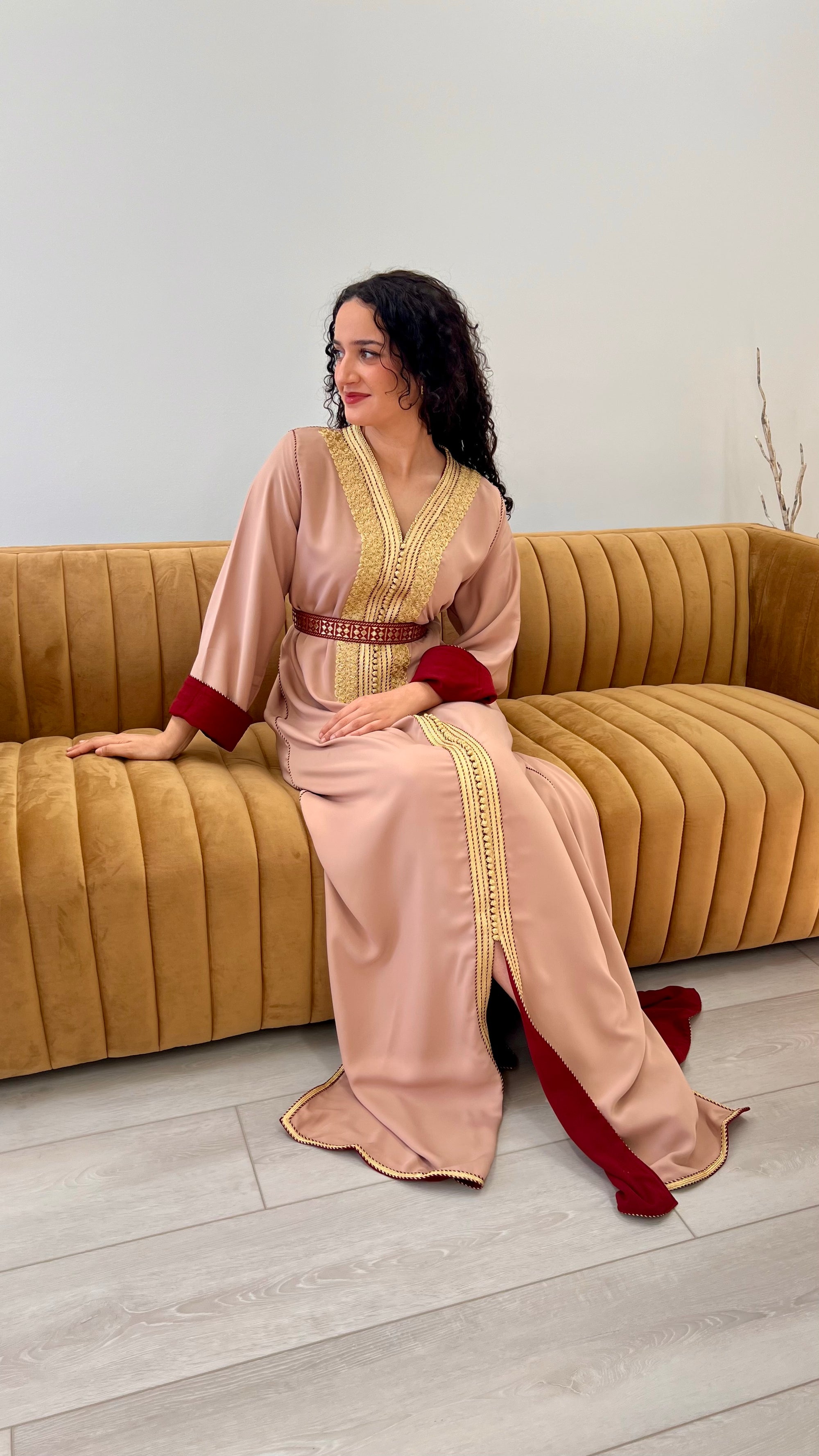 Blush Crepe Caftan with Gold Embroidery & Burgundy Satin Lining – Elegant Moroccan Dress