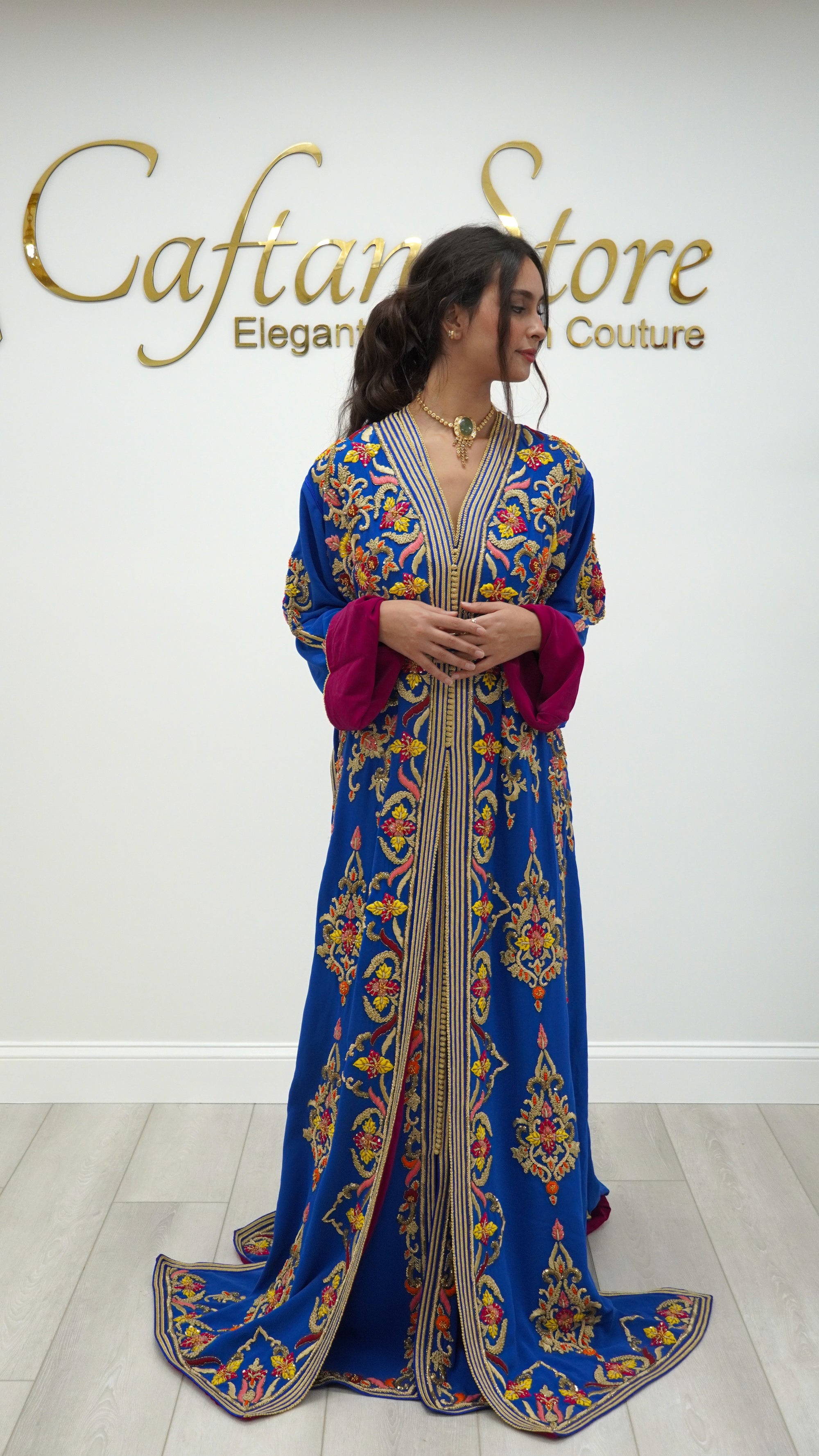 Moroccan Caftan – Cobalt Blue Two-Piece with Gold Embroidery Beaded Bridal Takchita