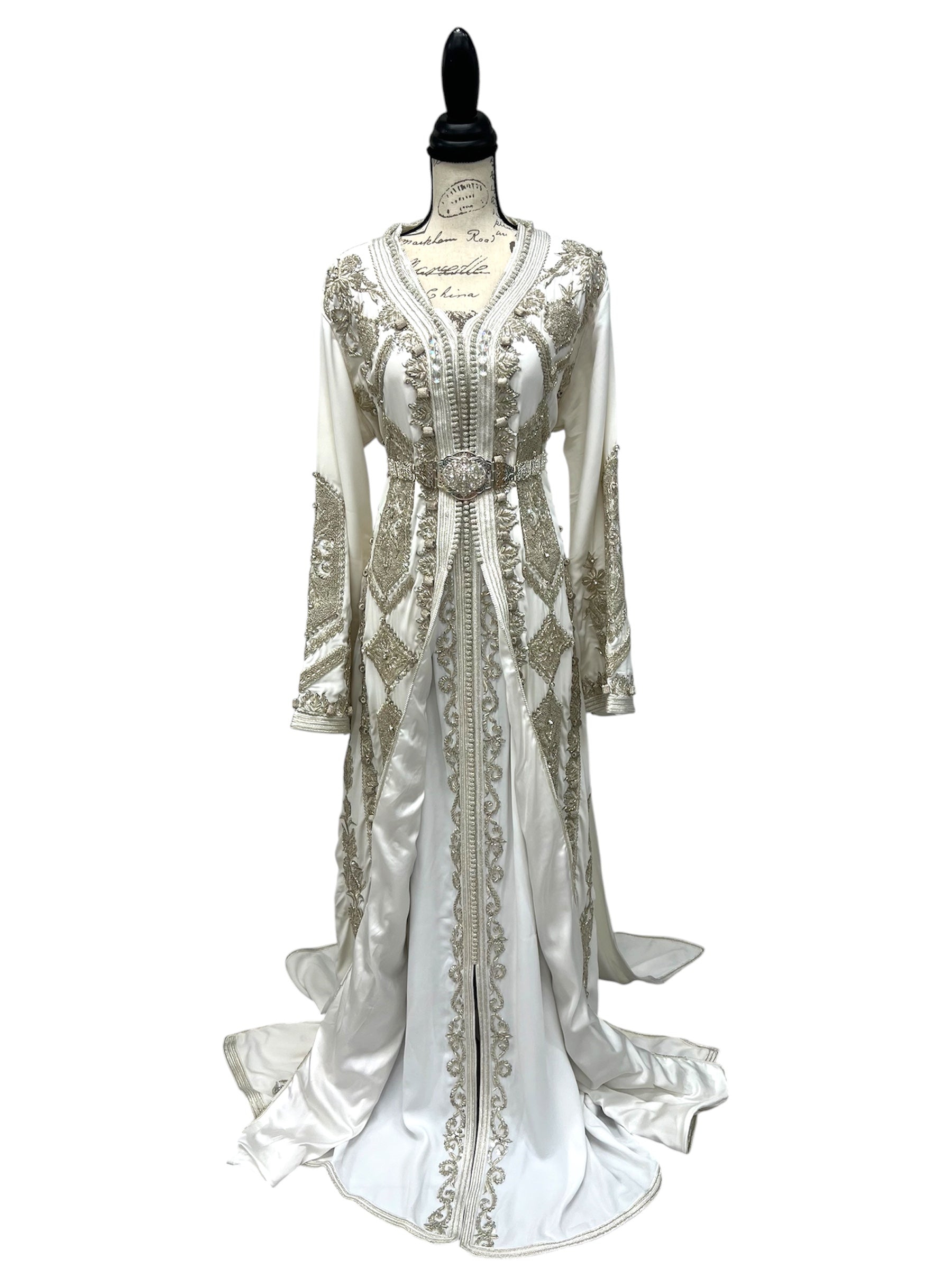 White and Silver Hand Beaded Designer Bridal Takchita with Train