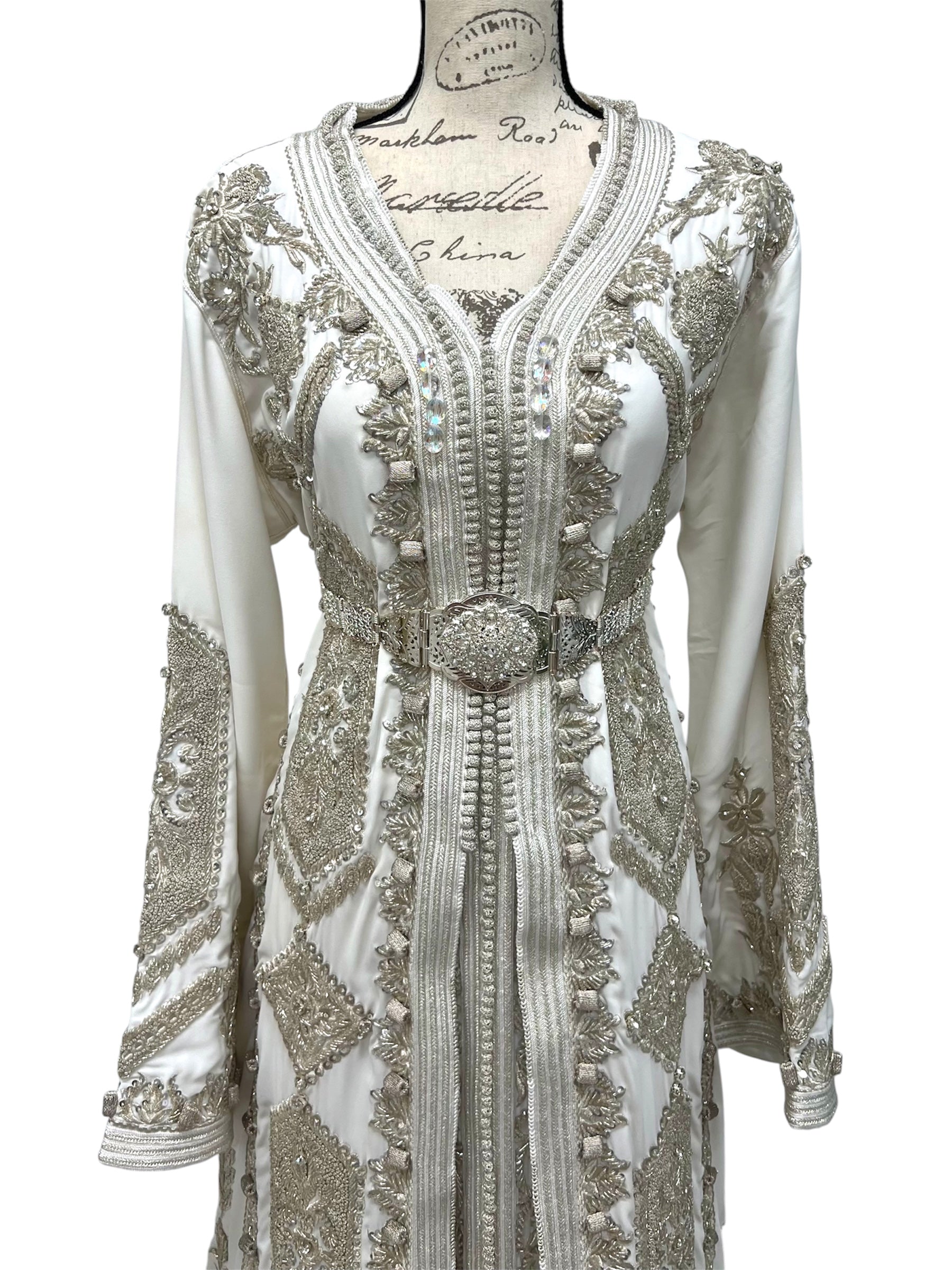 White and Silver Hand Beaded Designer Bridal Takchita with Train