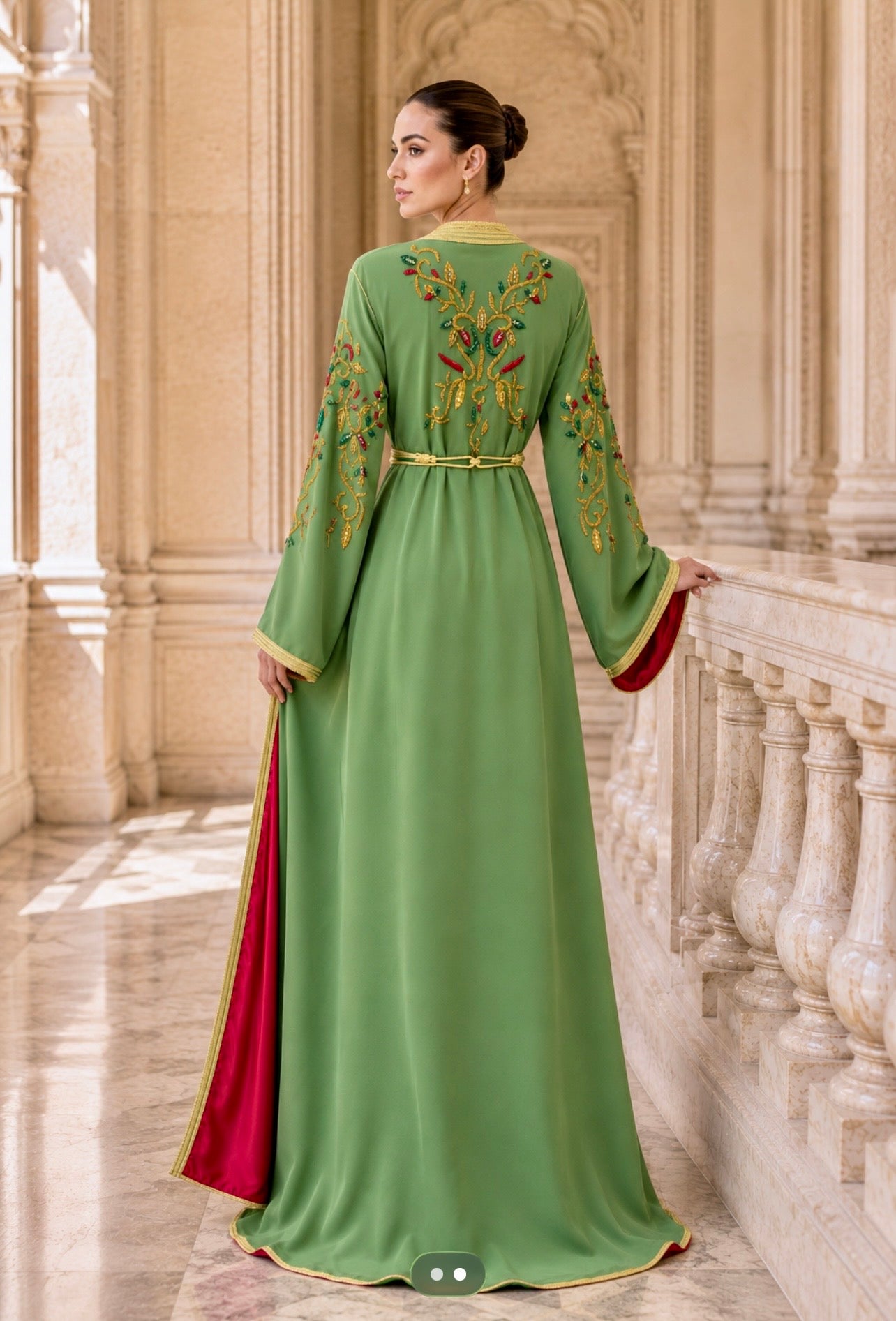 Sage Green Moroccan Caftan – Hand Beaded Embroidered Formal Dress