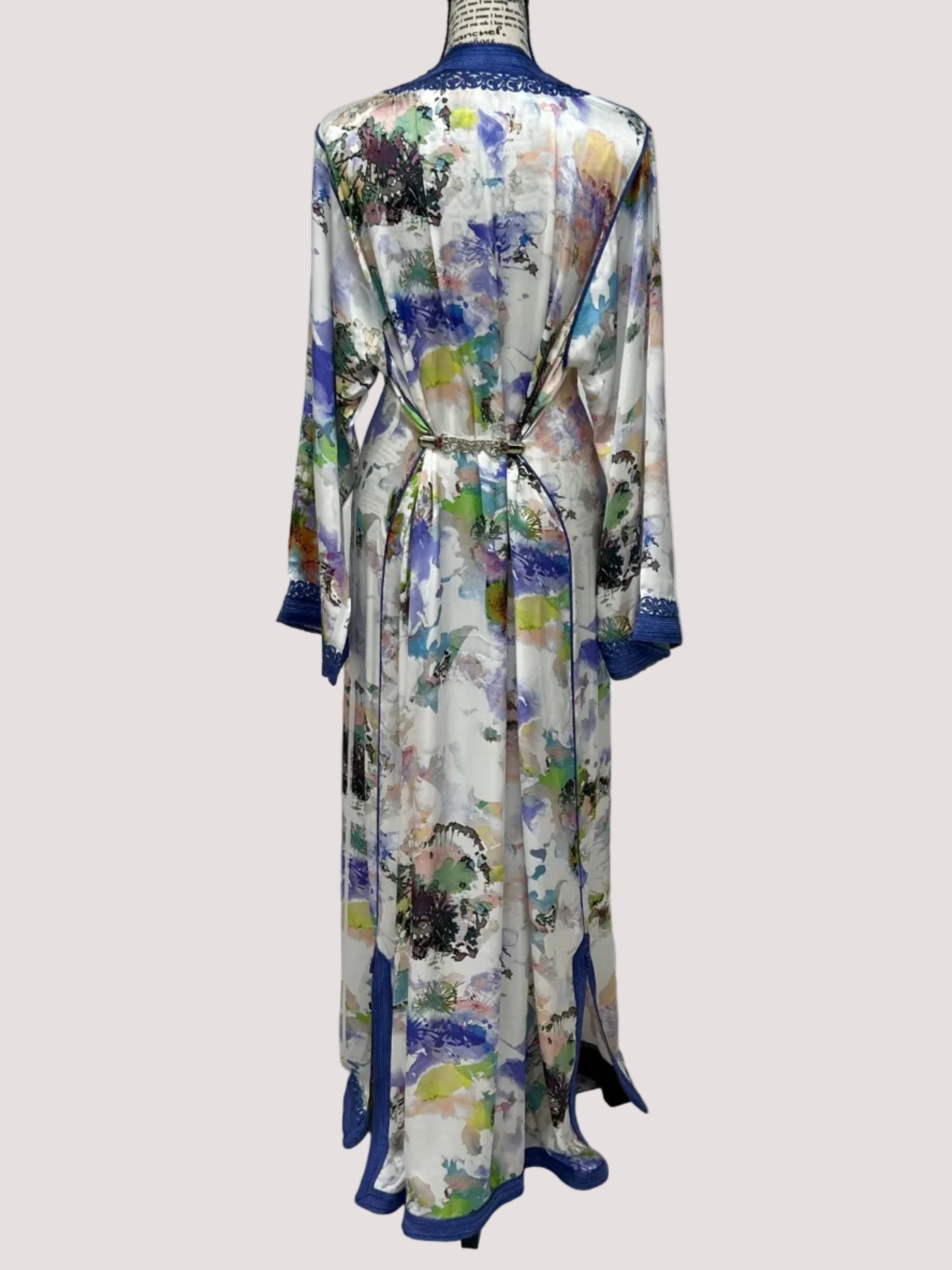 One-Piece Moroccan Satin Silk Caftan – Abstract Floral Print | Modest Luxury Dress