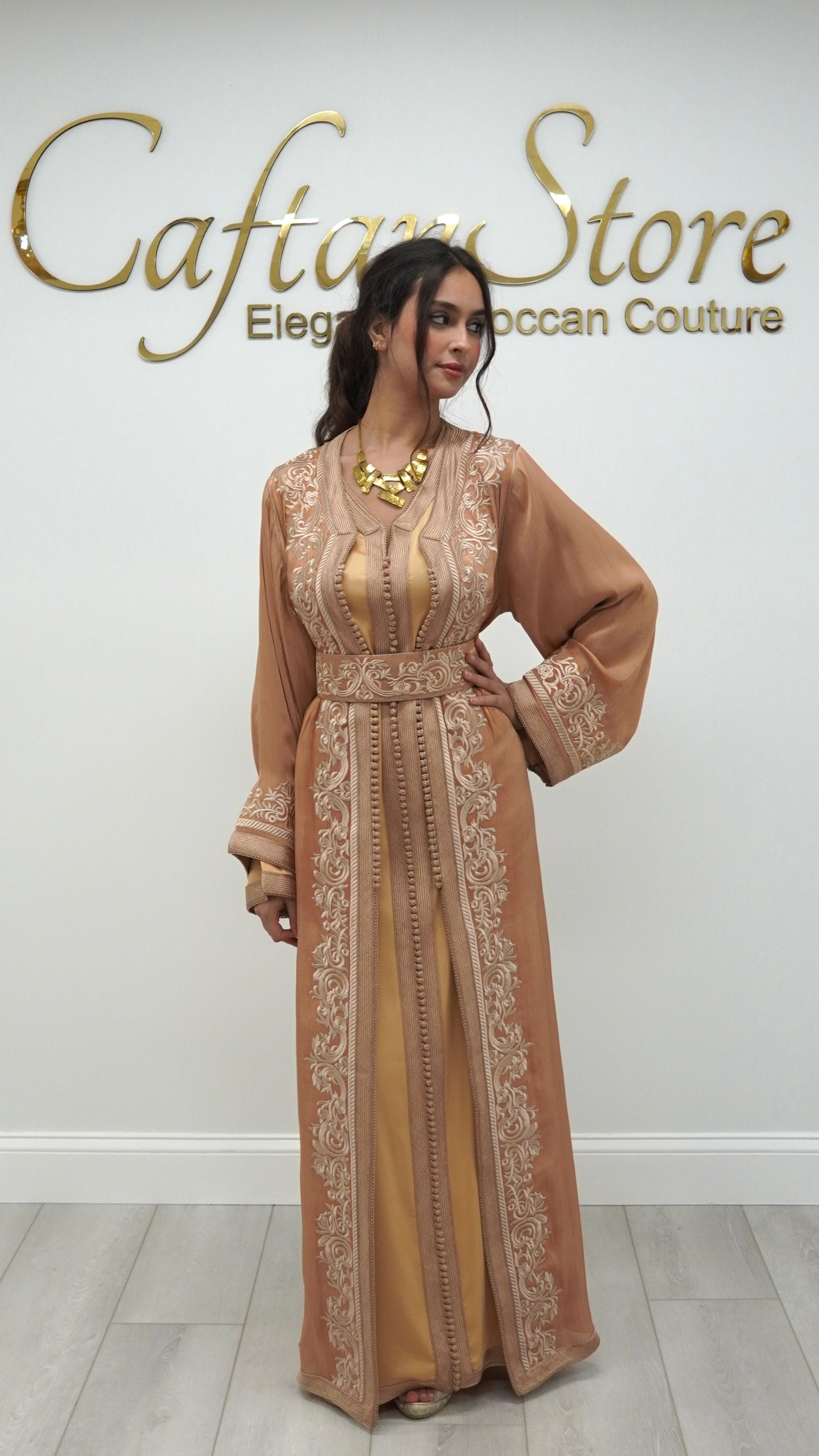 Light Camel Moroccan Takchita – Embroidered Two-Piece Organza Caftan