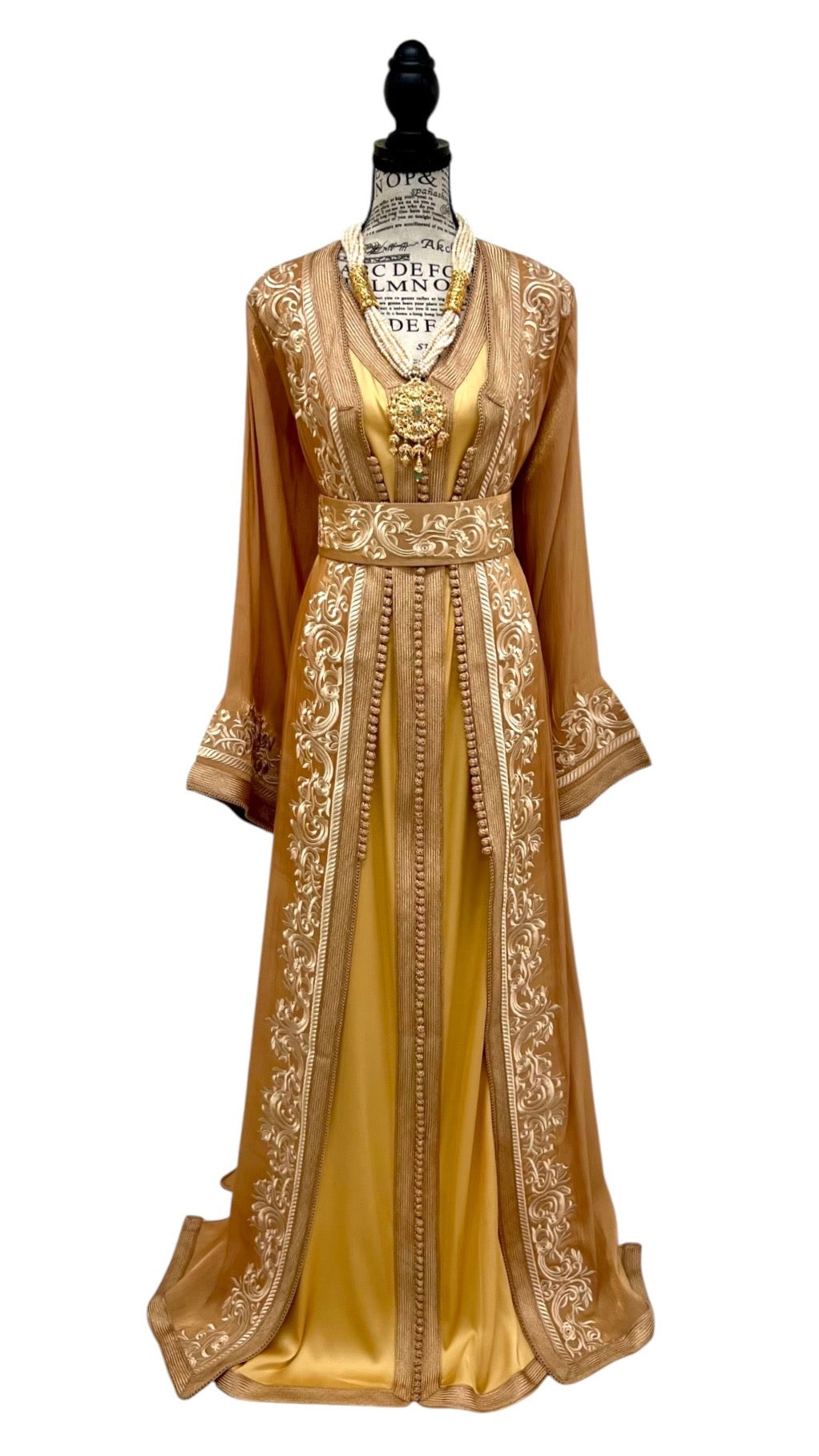 Light Camel Moroccan Takchita – Embroidered Two-Piece Organza Caftan
