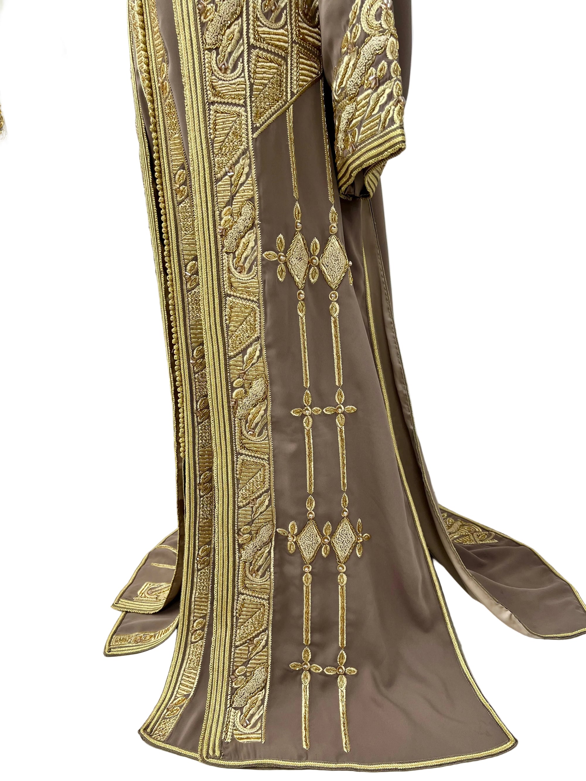 Moroccan Takchita – Two-piece Gold Embroidered Mocha Taupe Luxury Caftan