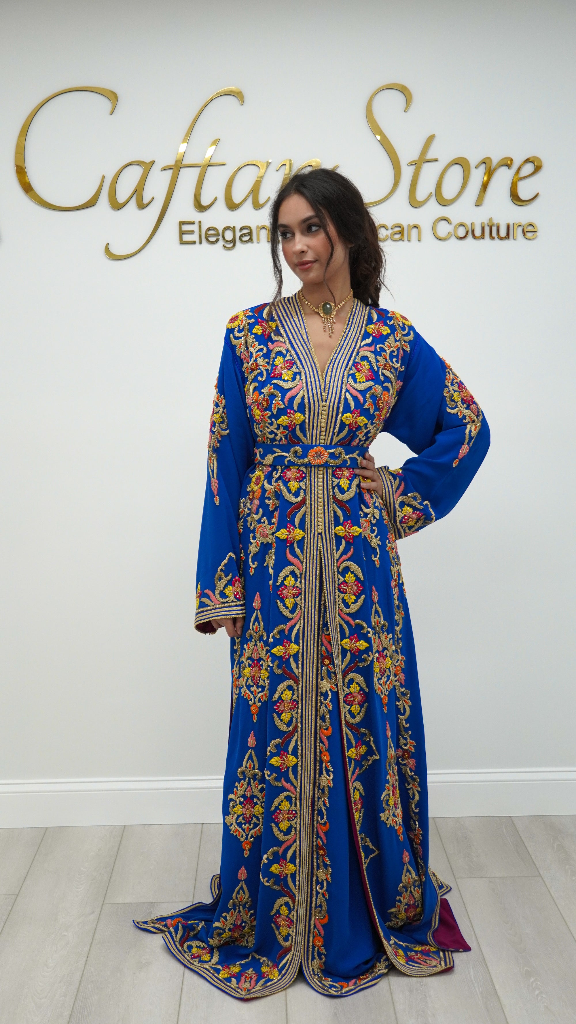 Moroccan Caftan – Cobalt Blue Two-Piece with Gold Embroidery Beaded Bridal Takchita