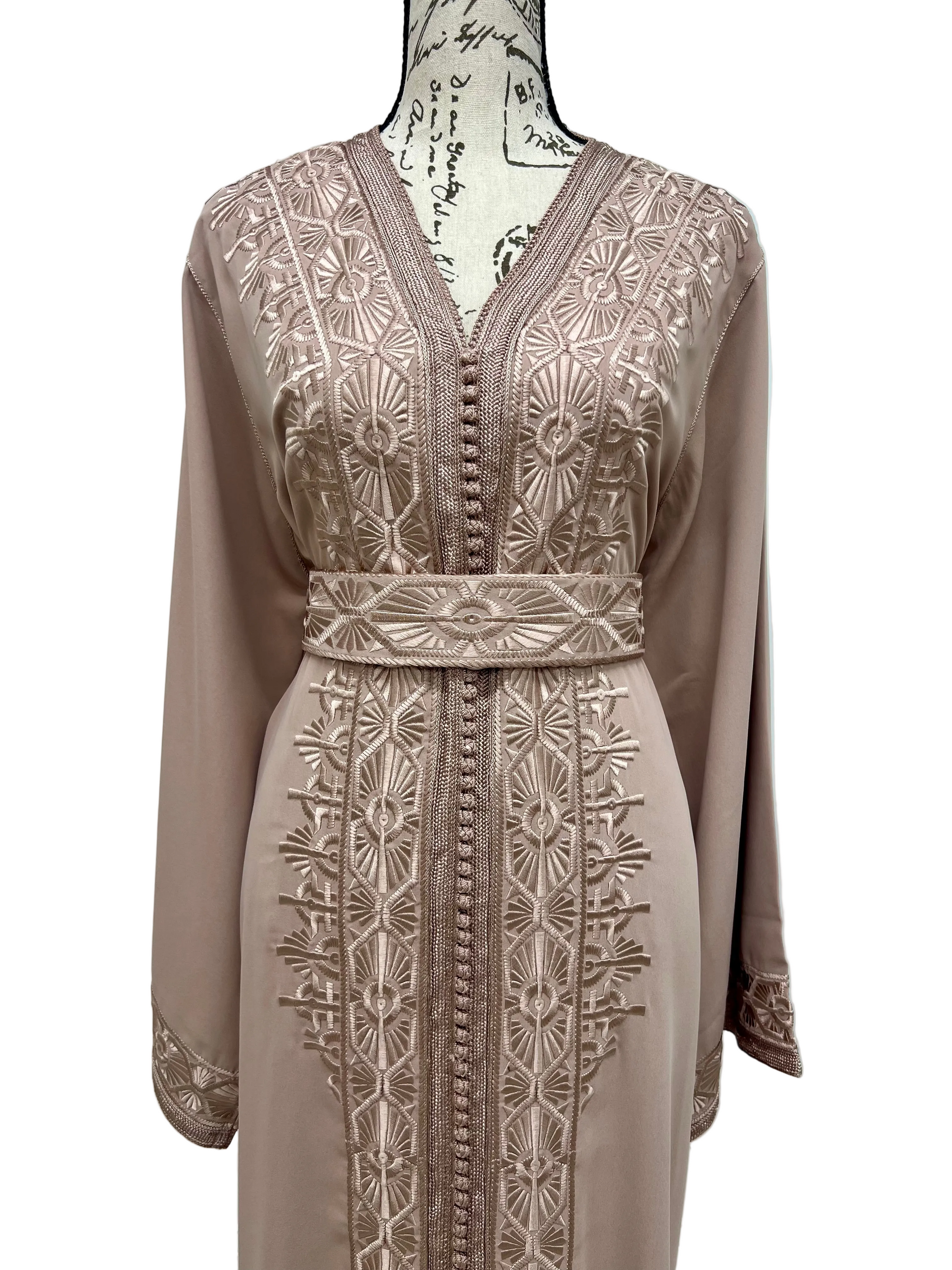 Dusty Mauve Beige Crepe Caftan with Tone-on-Tone Embroidery