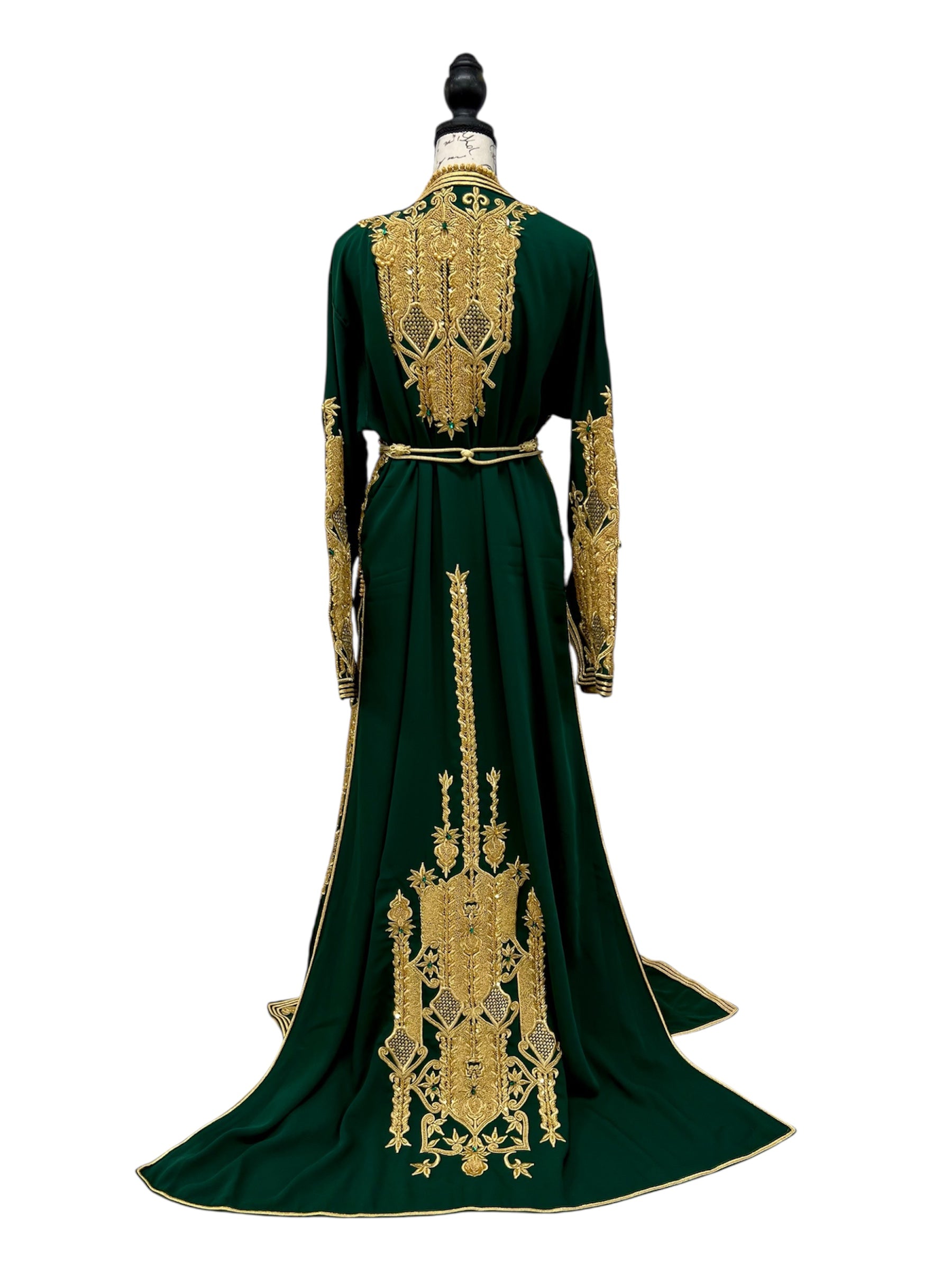 Luxury Emerald Green Moroccan Caftan, Designer Two Piece Bridal Takchita, Hand Beaded Gold & Emerald Stones