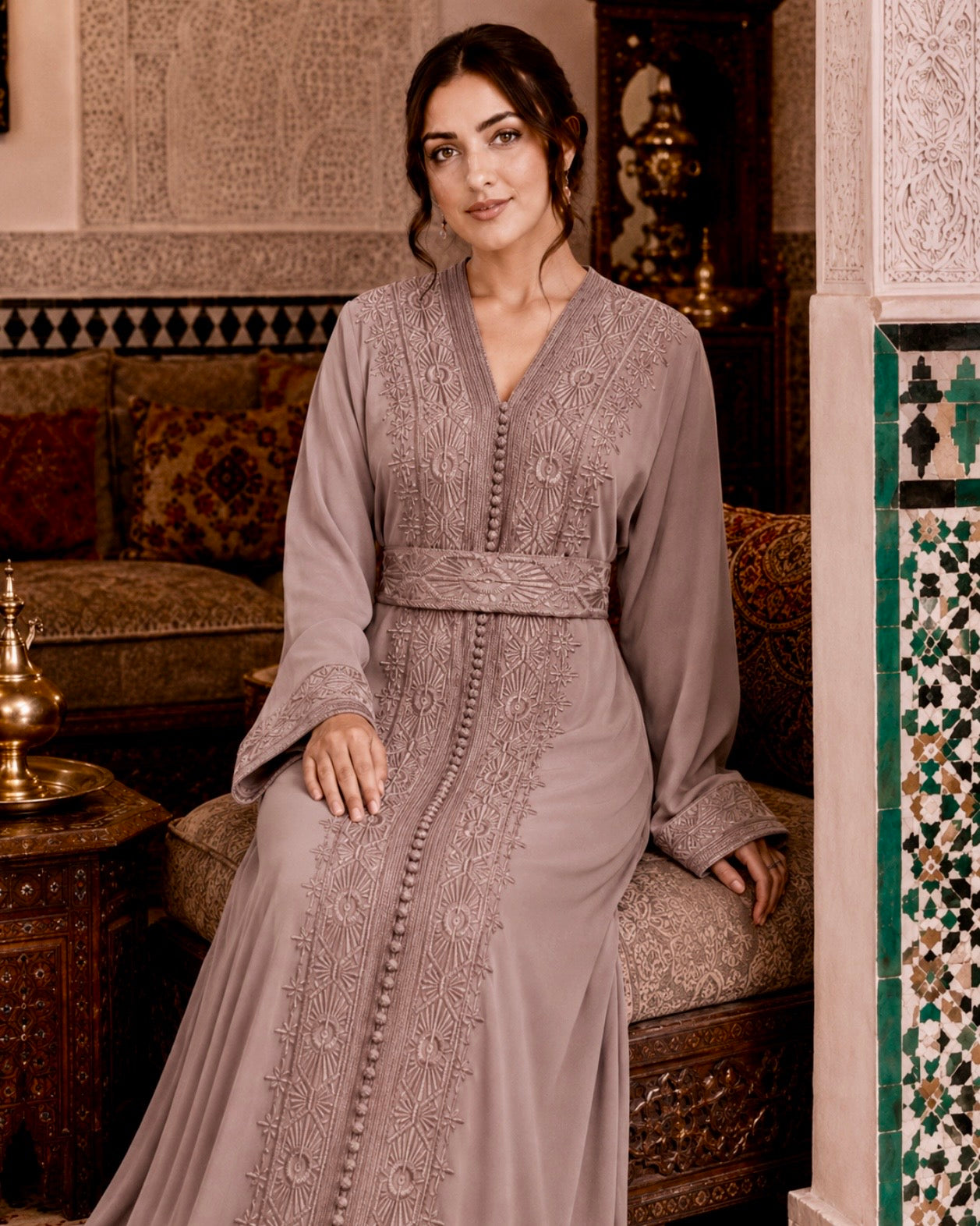 Moroccan Caftan – Embroidered Crepe Dress with Modest Long Sleeves